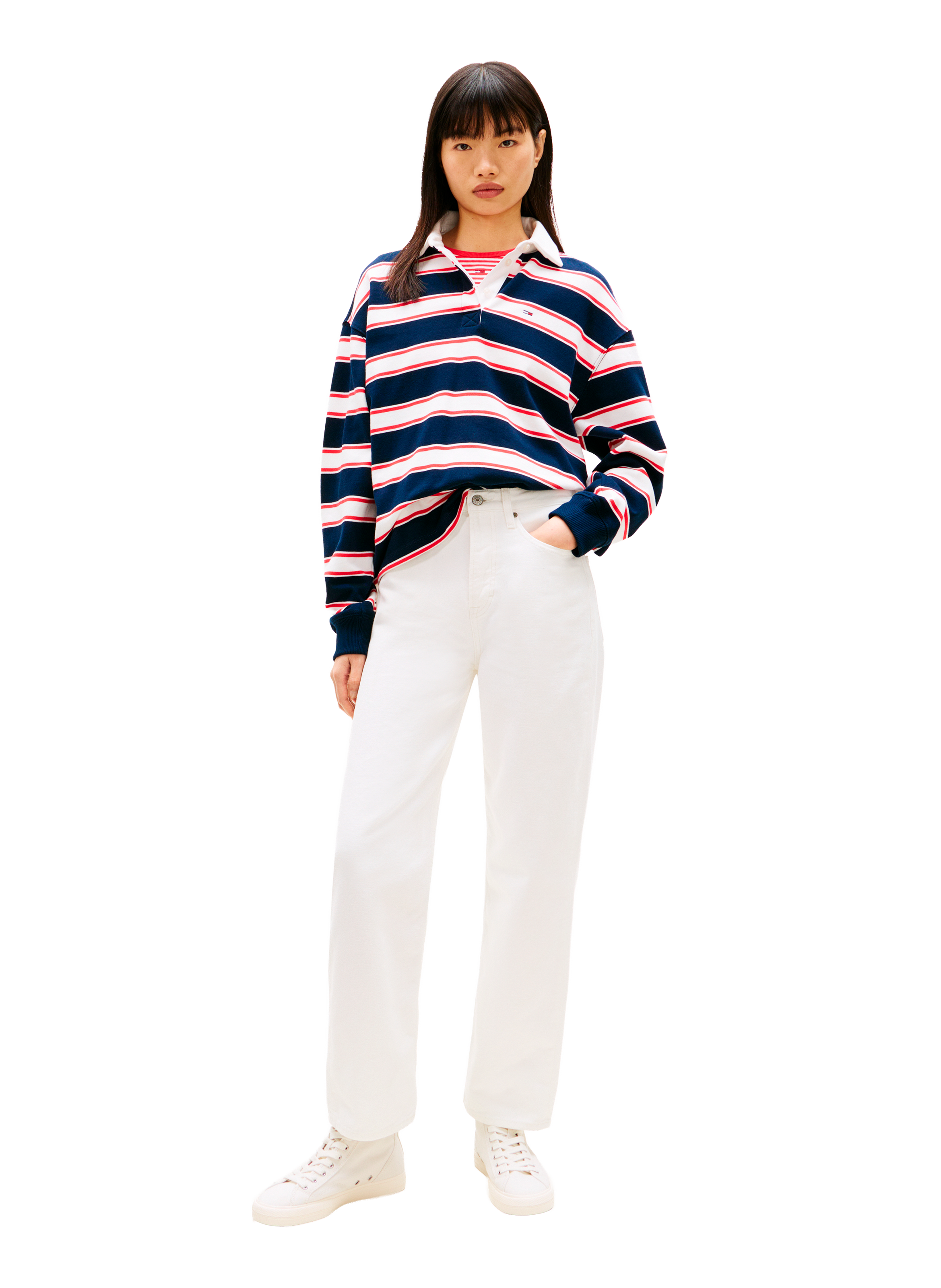 Jean droit taille haute en coton mélangé TOMMY HILFIGER Blanc
