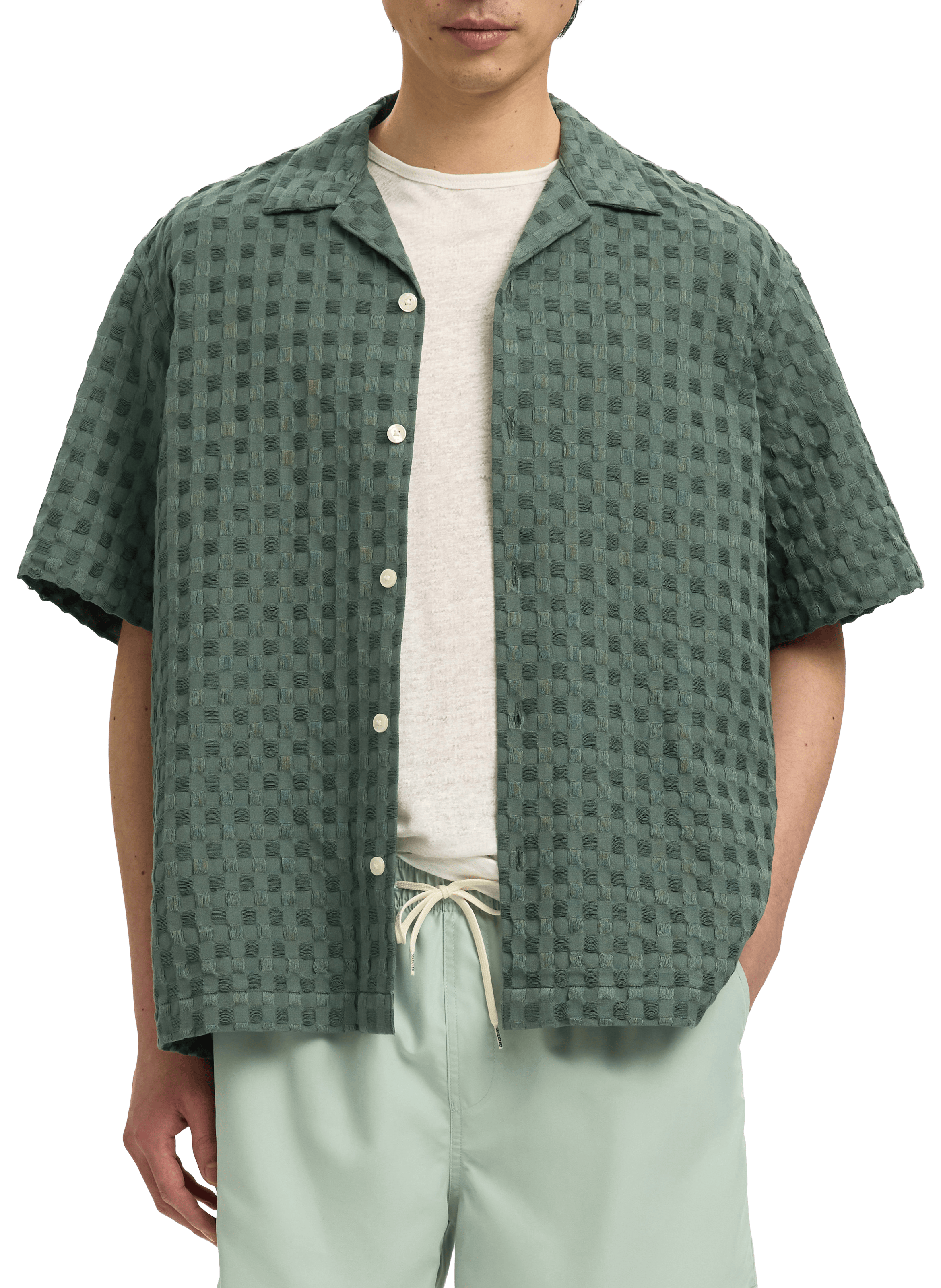 Short-sleeved cotton check shirt SELECTED Green