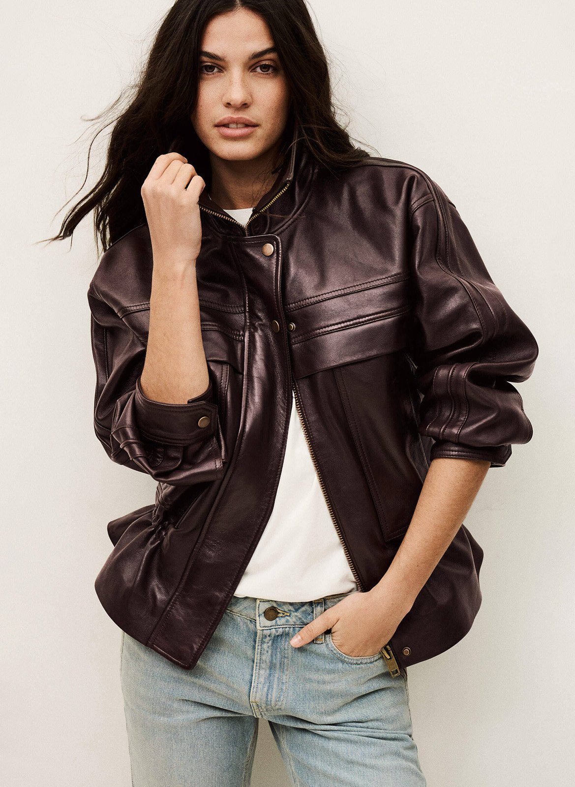 Veste en cuir cintrée à col montant kassia BA&SH Rouge