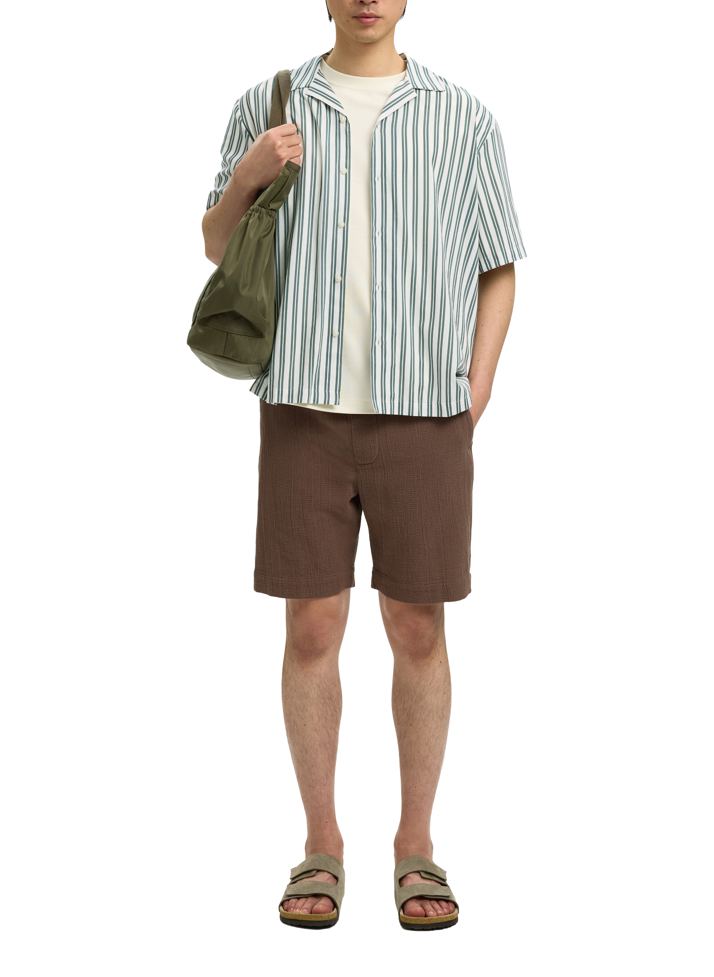 Short-sleeved striped shirt in blended cotton SELECTED Green