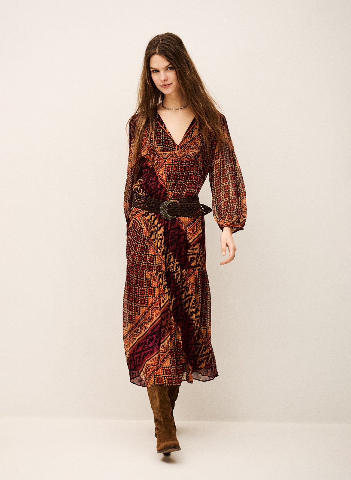 Robe longue col tunisien imprimée oria BA&SH Rouge