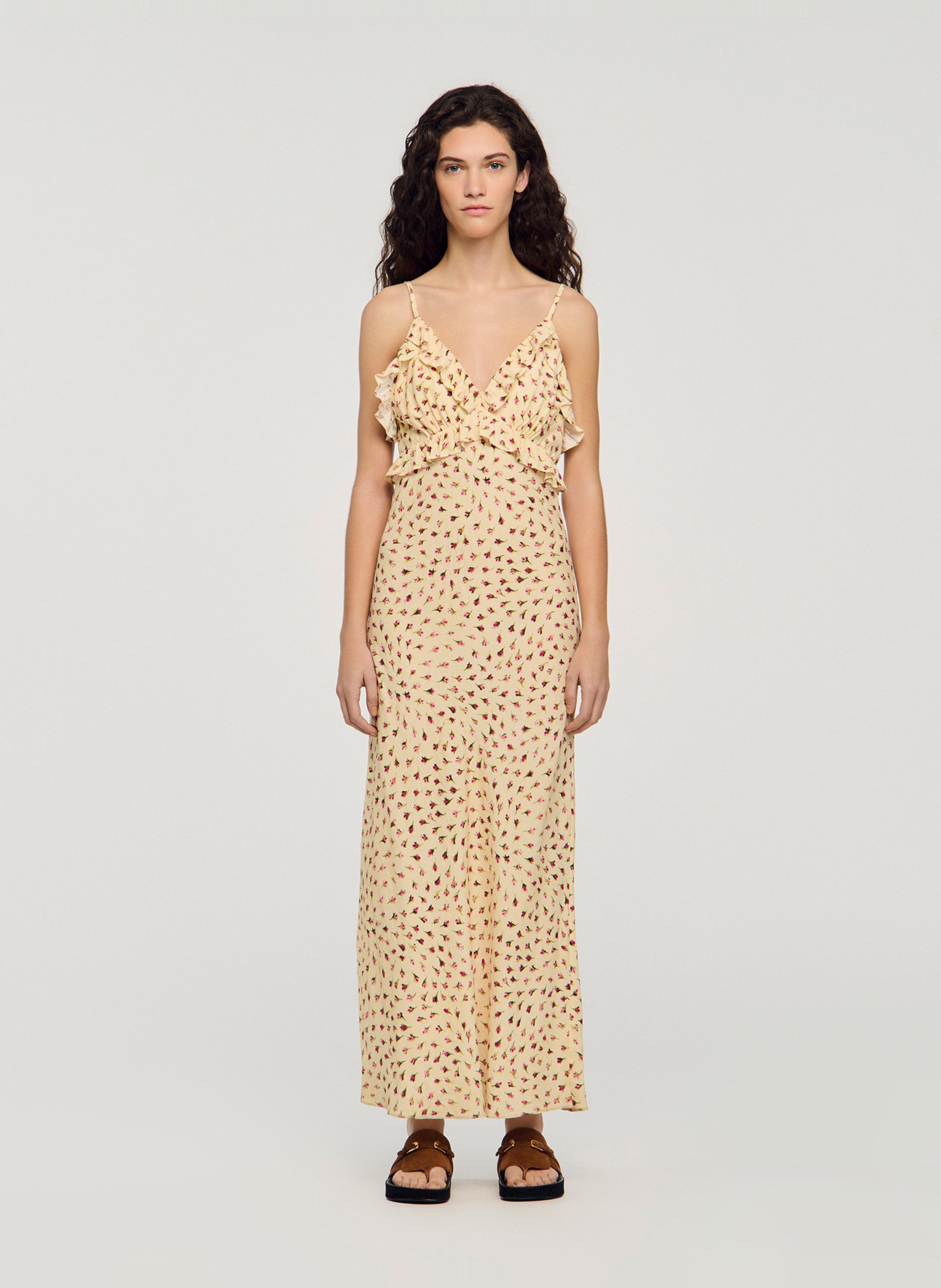Robe longue col v imprimée SANDRO Beige