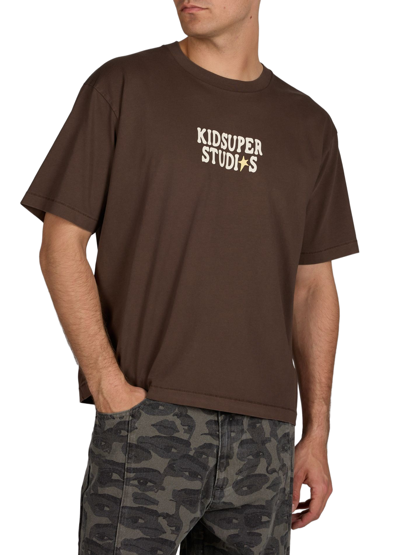 T-shirt imprimé à col rond en coton KIDSUPER Marron