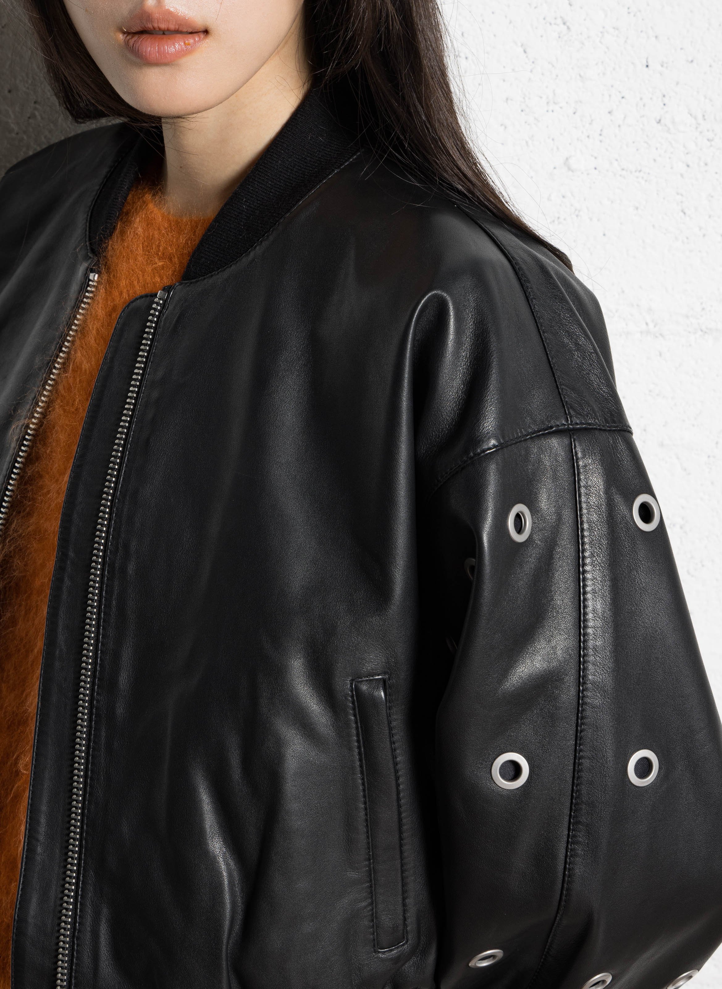 Veste droite col teddy en cuir IKKS Noir