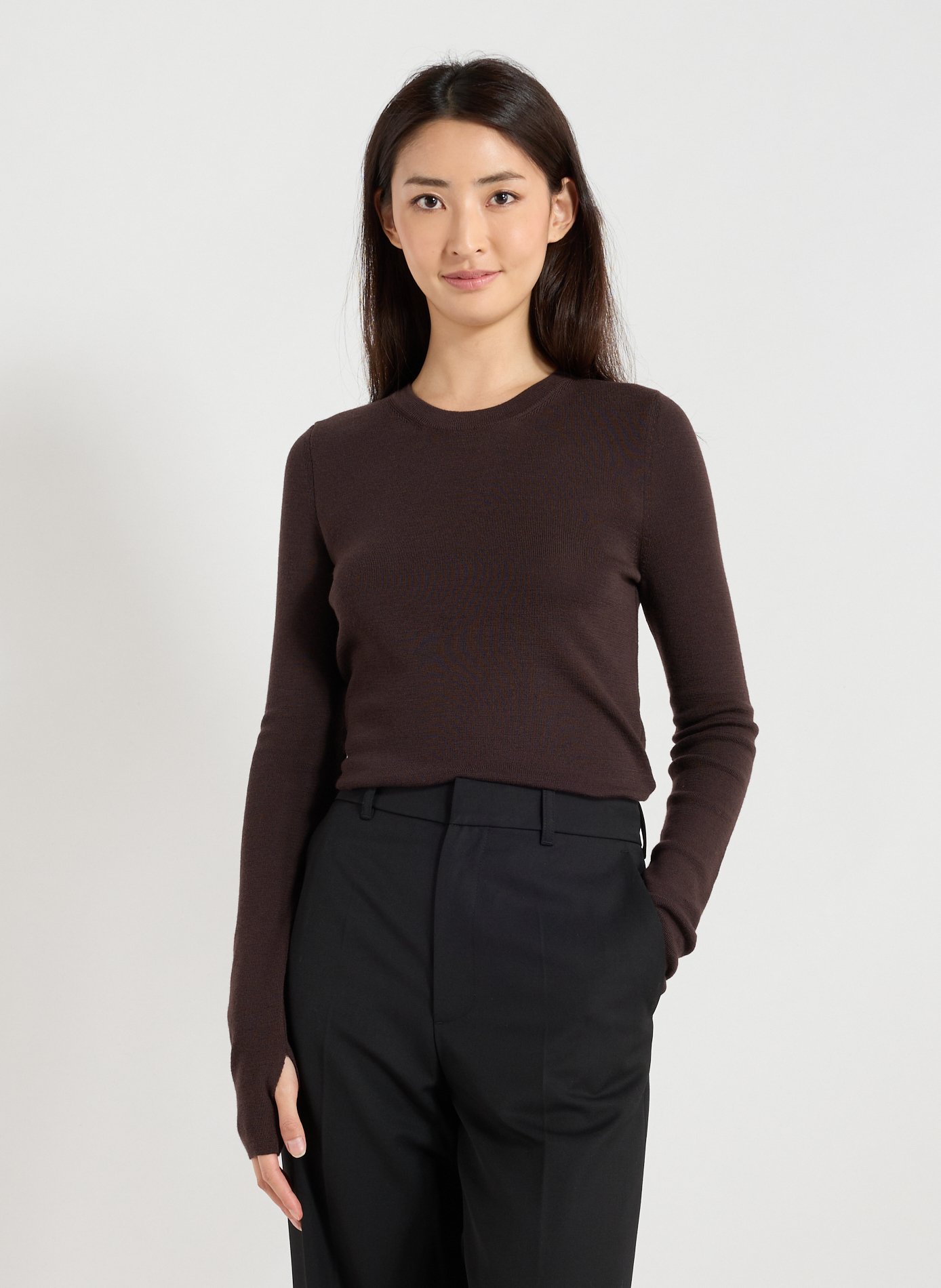 R2W Pull col rond en laine et cachemire Marron