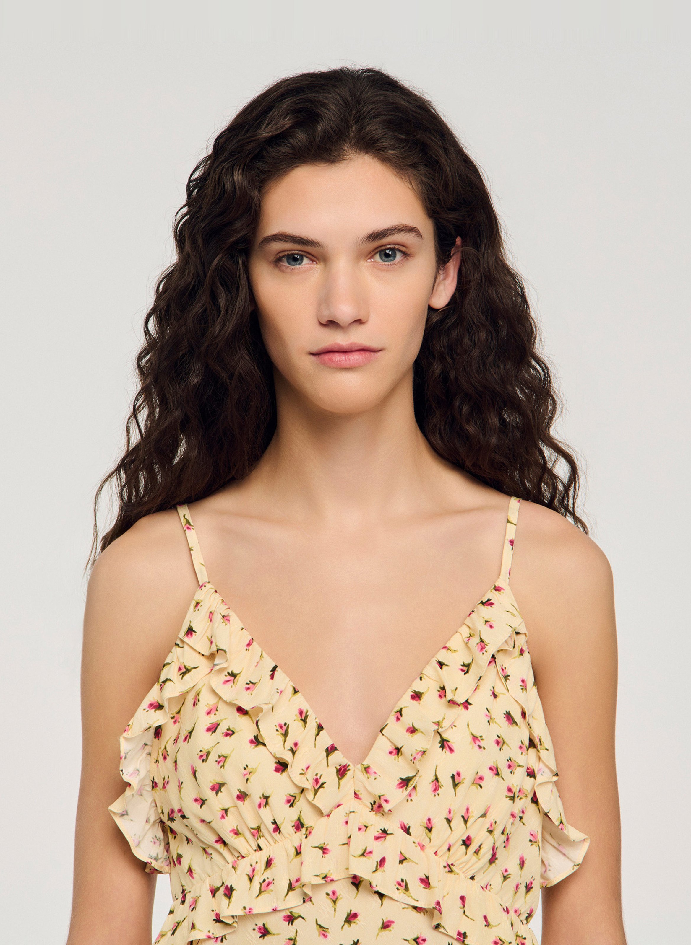 Robe longue col v imprimée SANDRO Beige