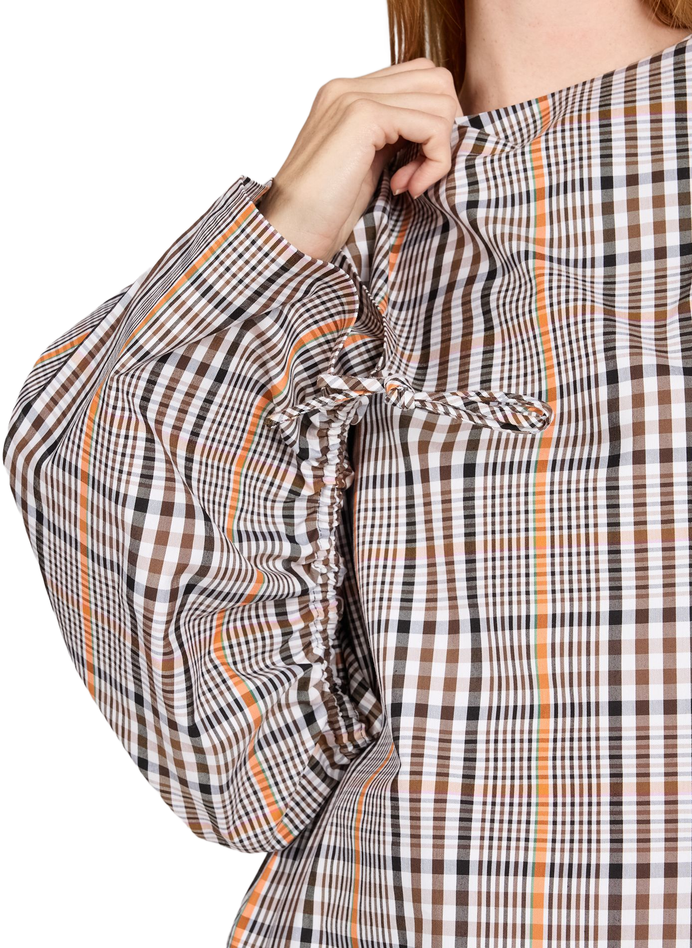 Blusa corta a cuadros con mangas voluminosas en mezcla de algodón. A.W.A.K.E. MODE Marrón