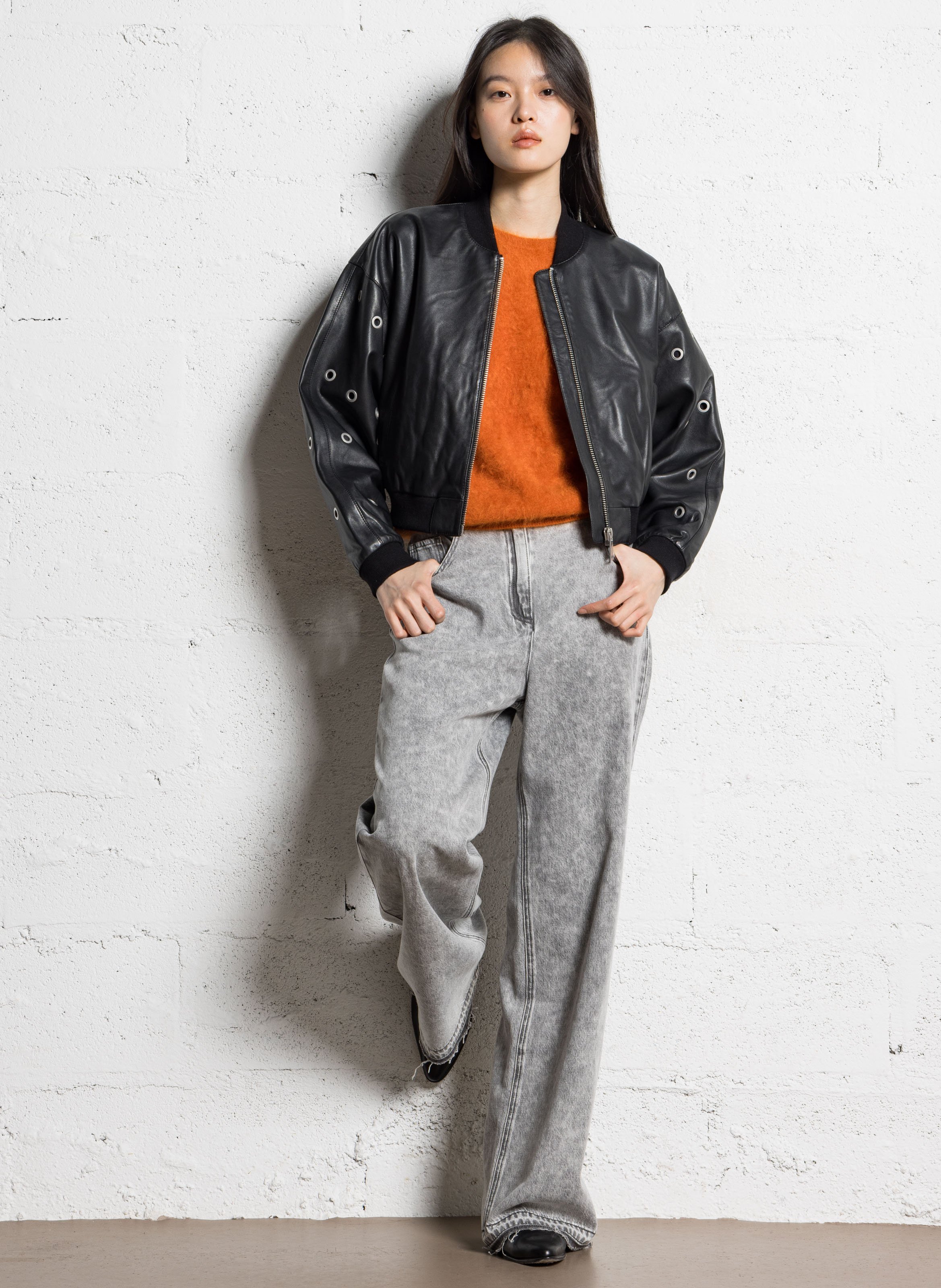 Veste droite col teddy en cuir IKKS Noir