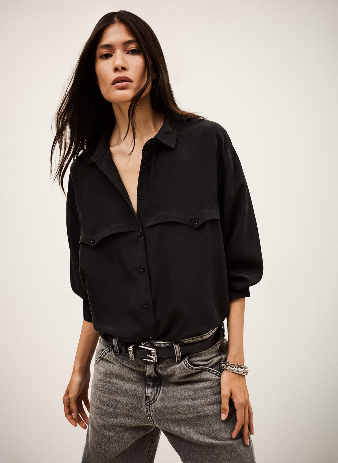 BA&SH Chemise col classique en soie haora Noir