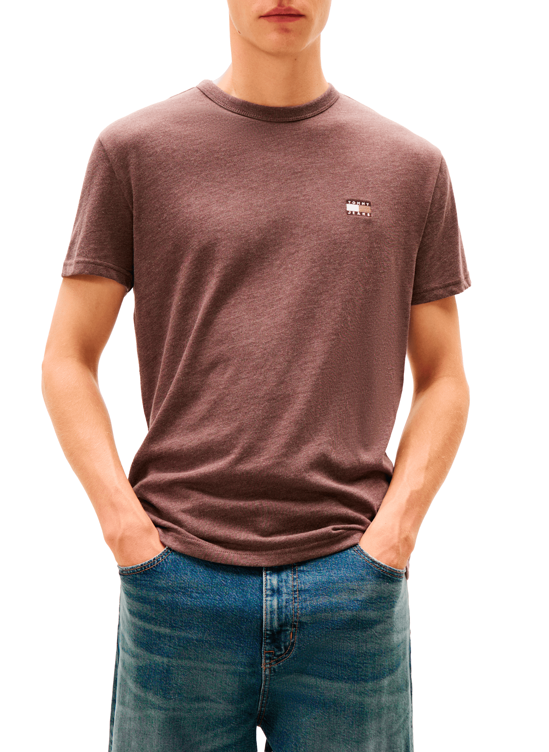 Round neck short sleeve t-shirt with embroidered logo TOMMY HILFIGER Brown