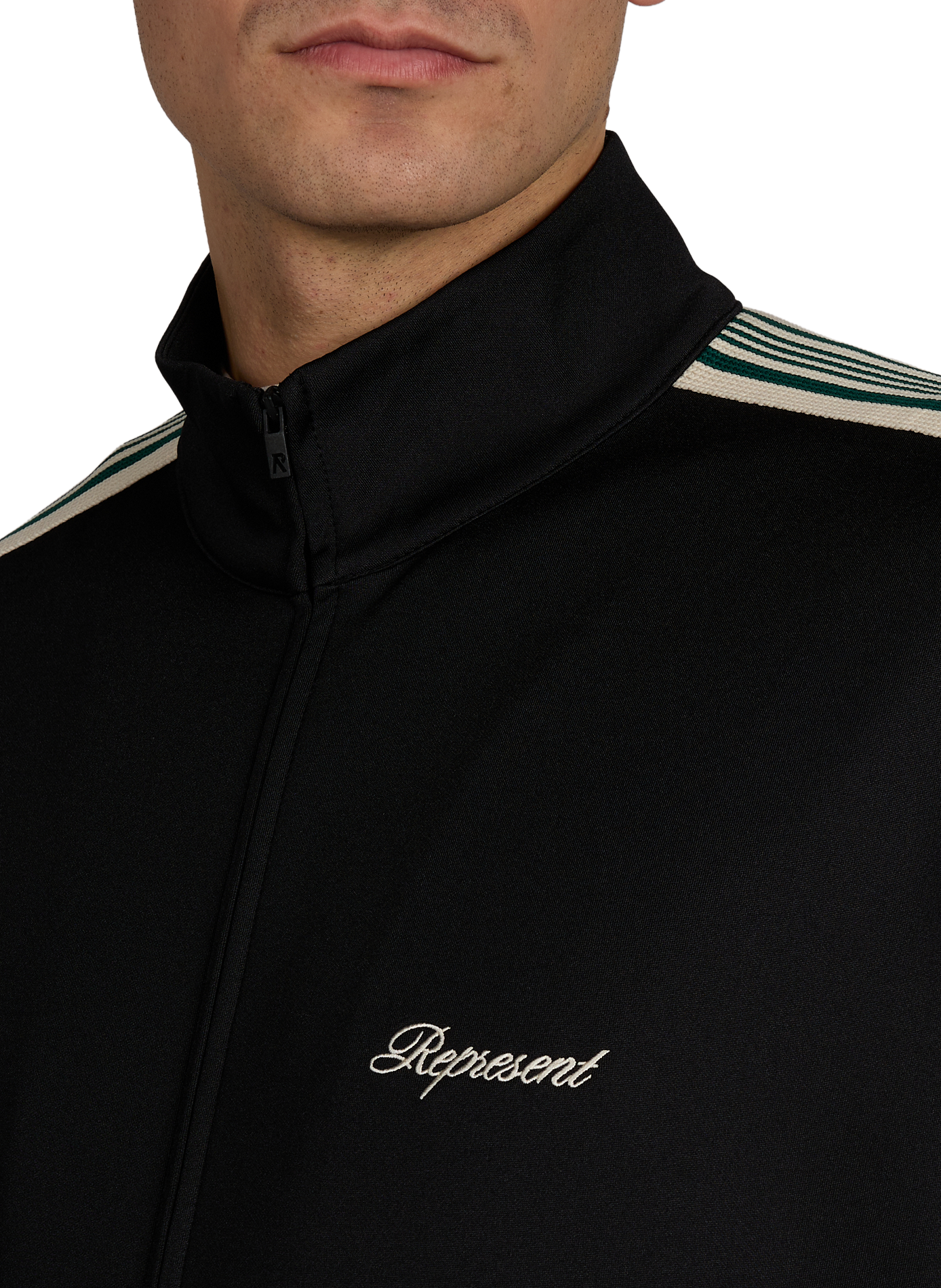 Jacket with high collar and contrasting stripes. REPRESENT Black