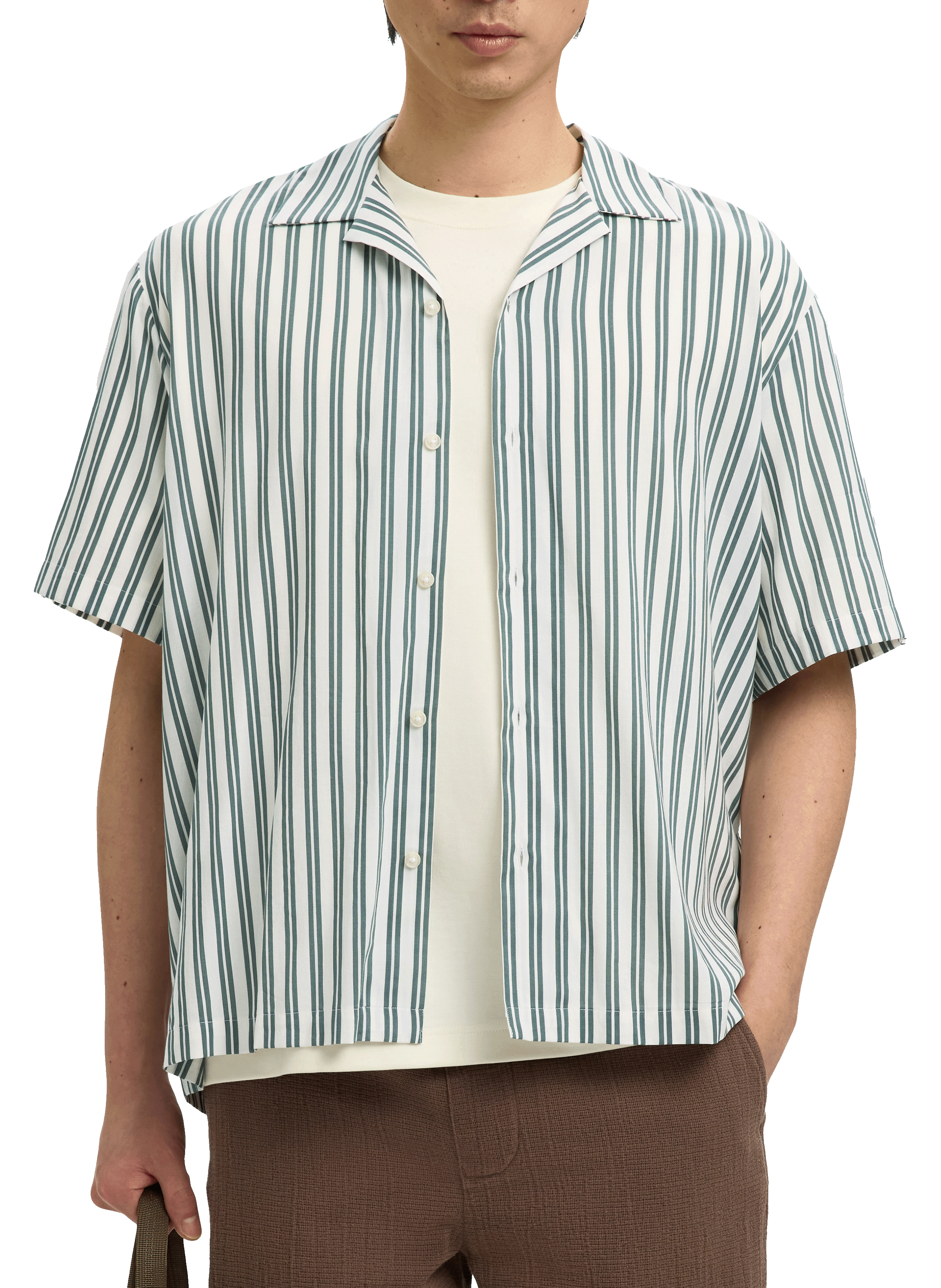 Short-sleeved striped shirt in blended cotton SELECTED Green