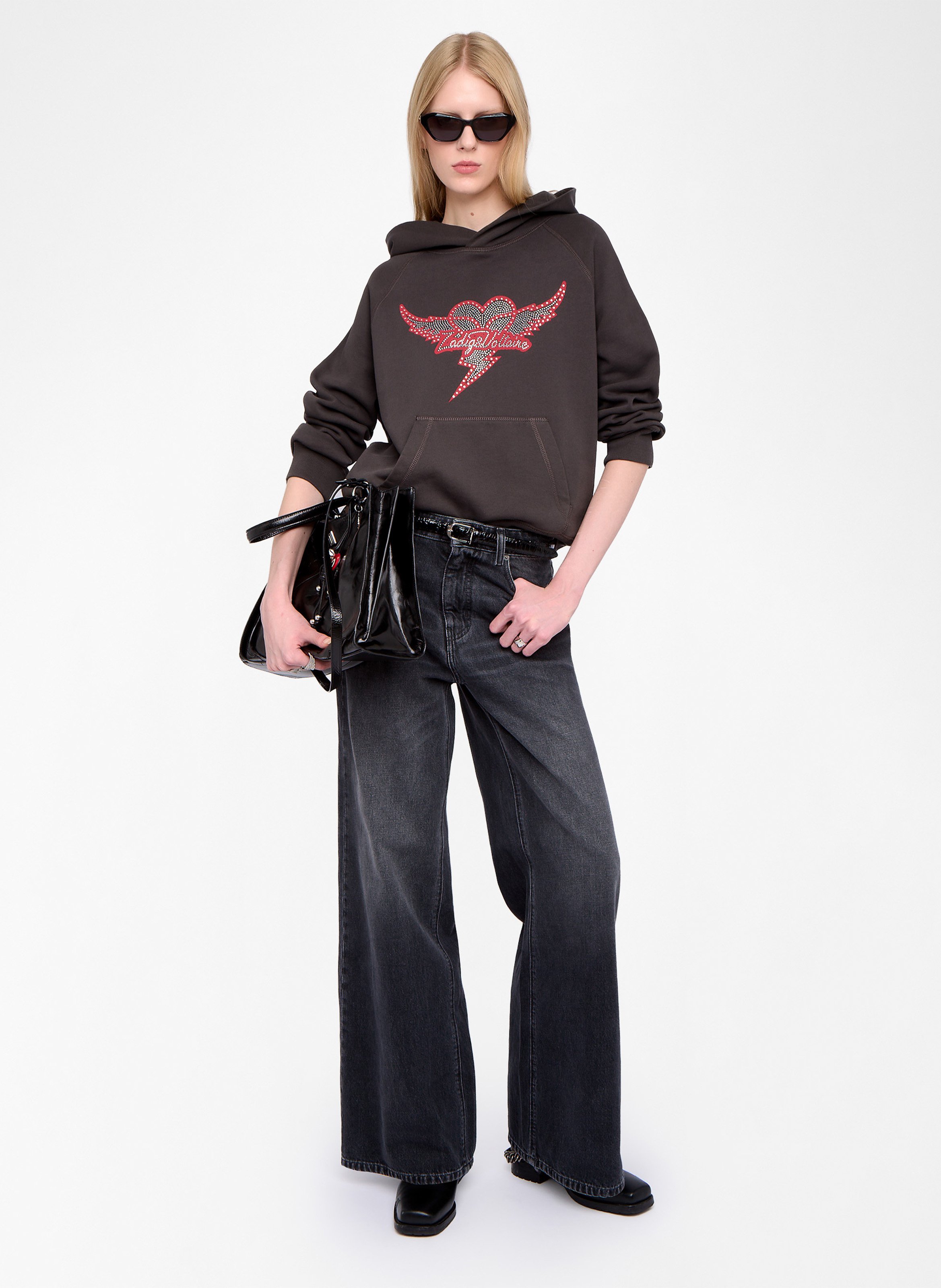 Sweat à capuche droit strass en coton mélangé georgy ZADIG&VOLTAIRE Gris