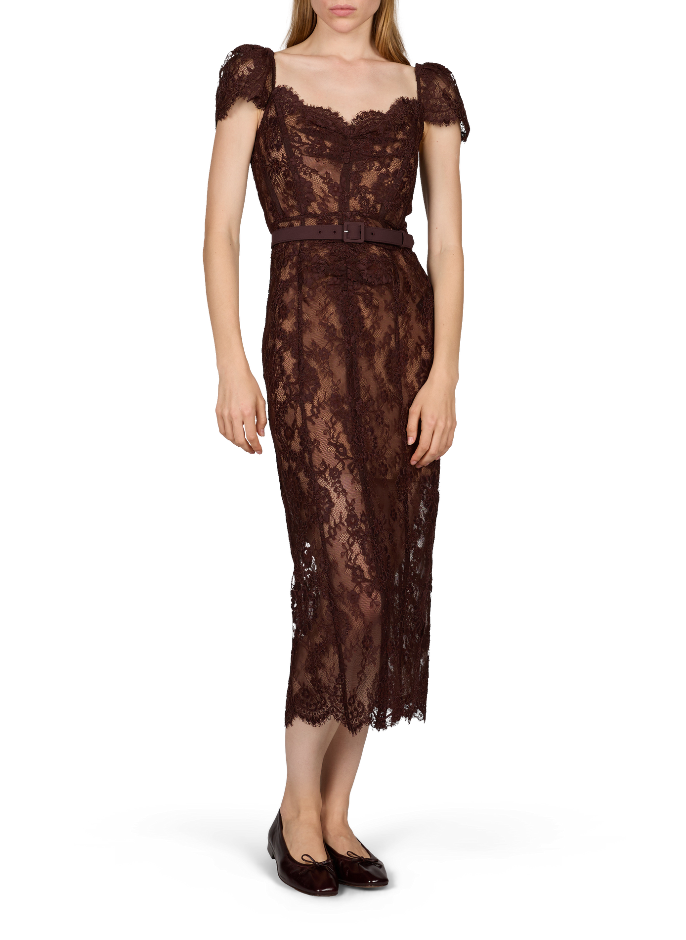 Robe longue droite en dentelle SELF PORTRAIT Marron