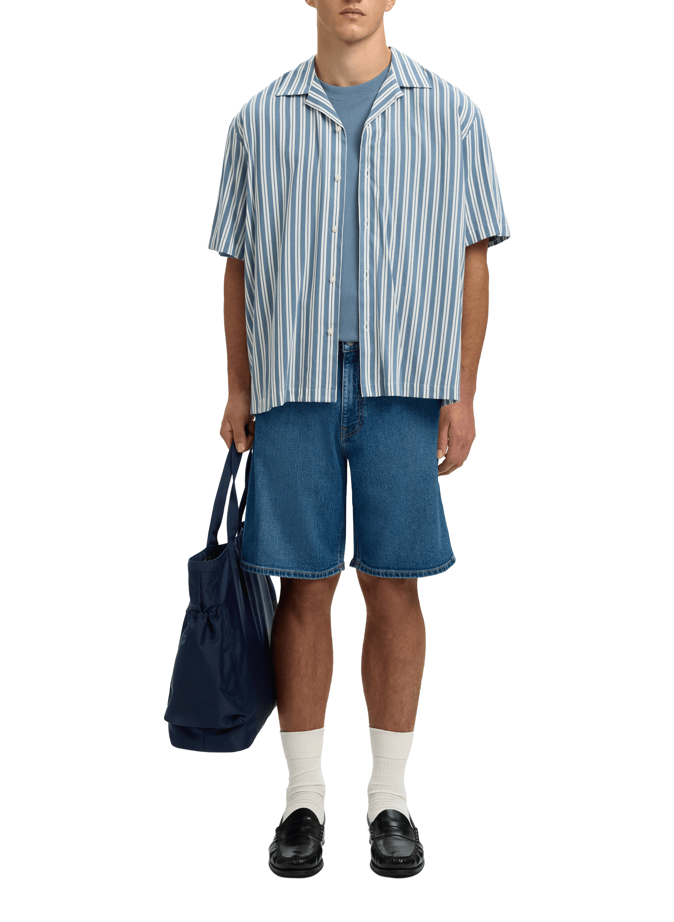 Short-sleeved striped shirt in blended cotton SELECTED Blue