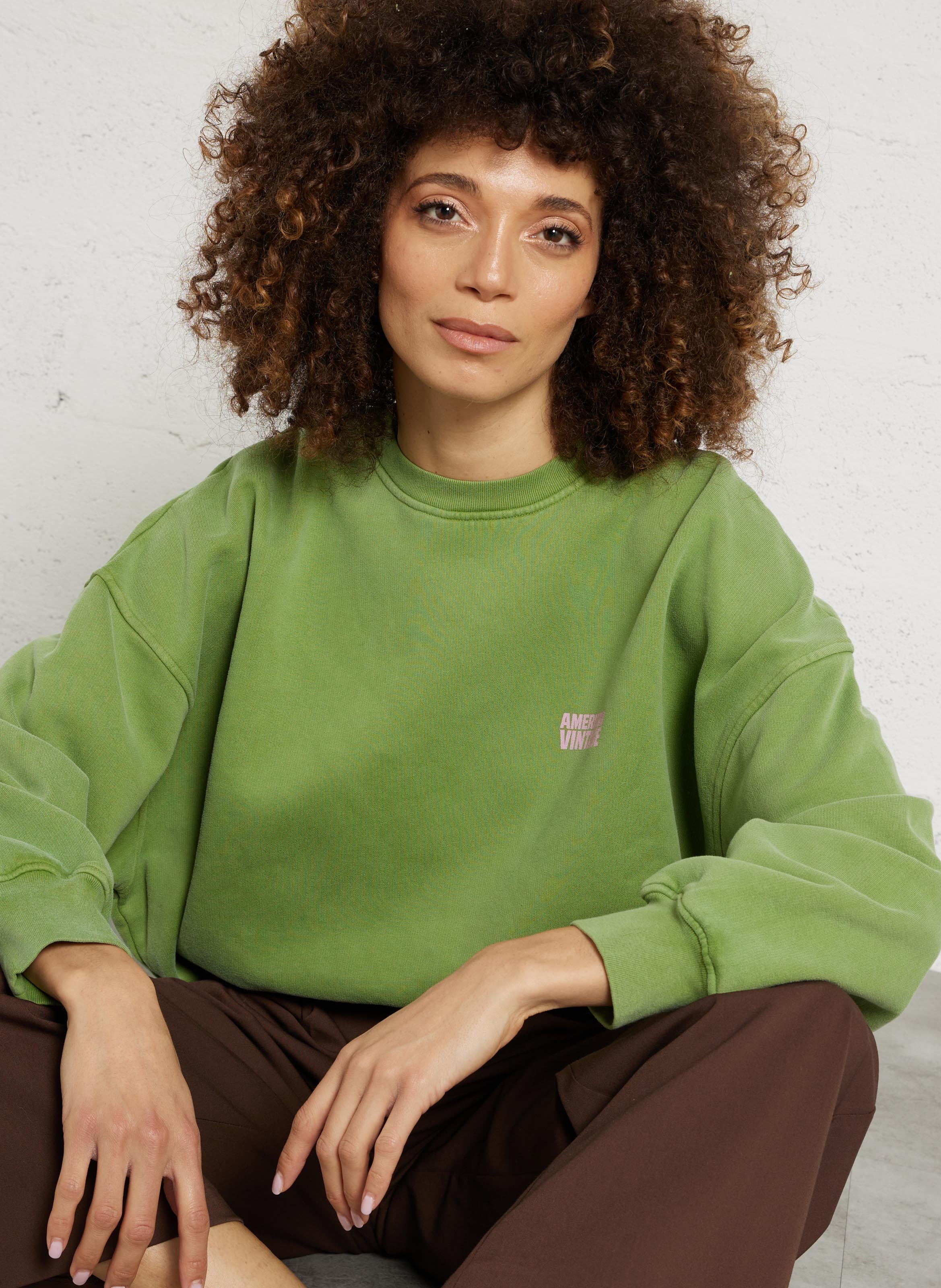 Sweat ample col rond sérigraphié en coton plizzy AMERICAN VINTAGE Vert