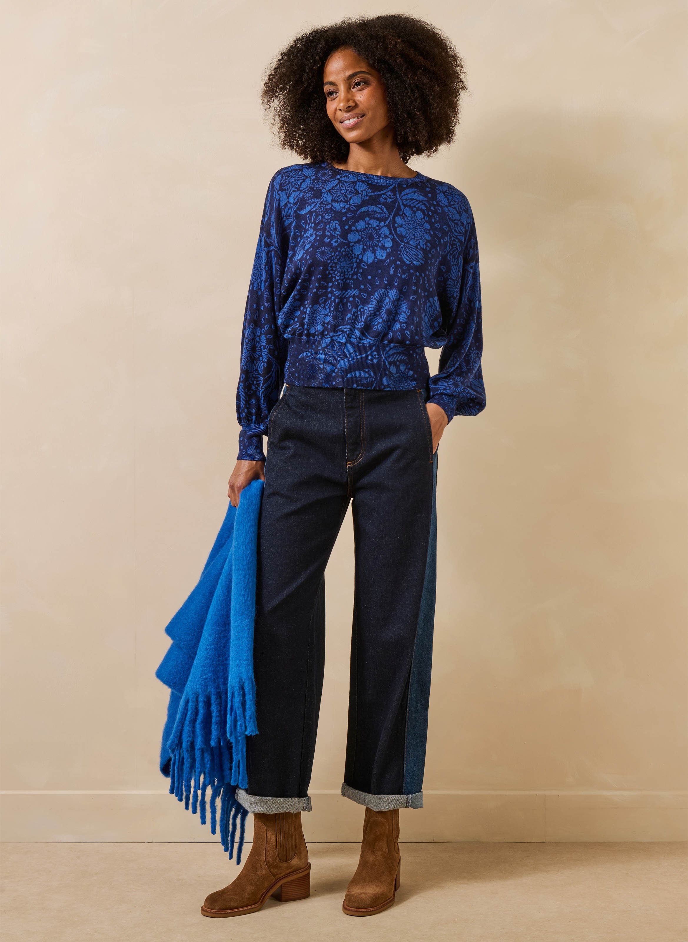 Korte wollen trui met bloemenprint LA FEE MARABOUTEE Blauw