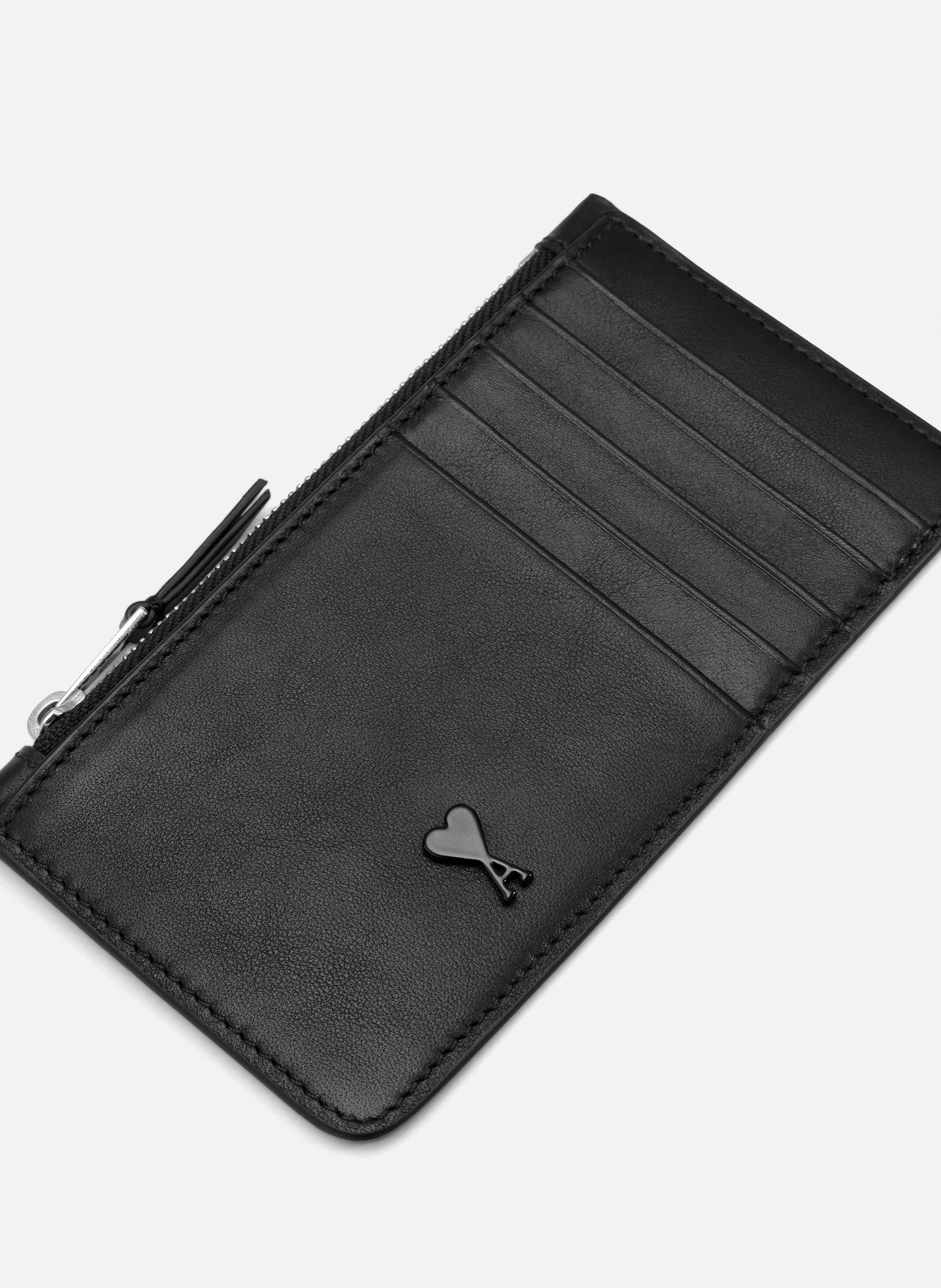 Porte-cartes zippé ami de coeur unisexe en cuir de vachette AMI PARIS Noir