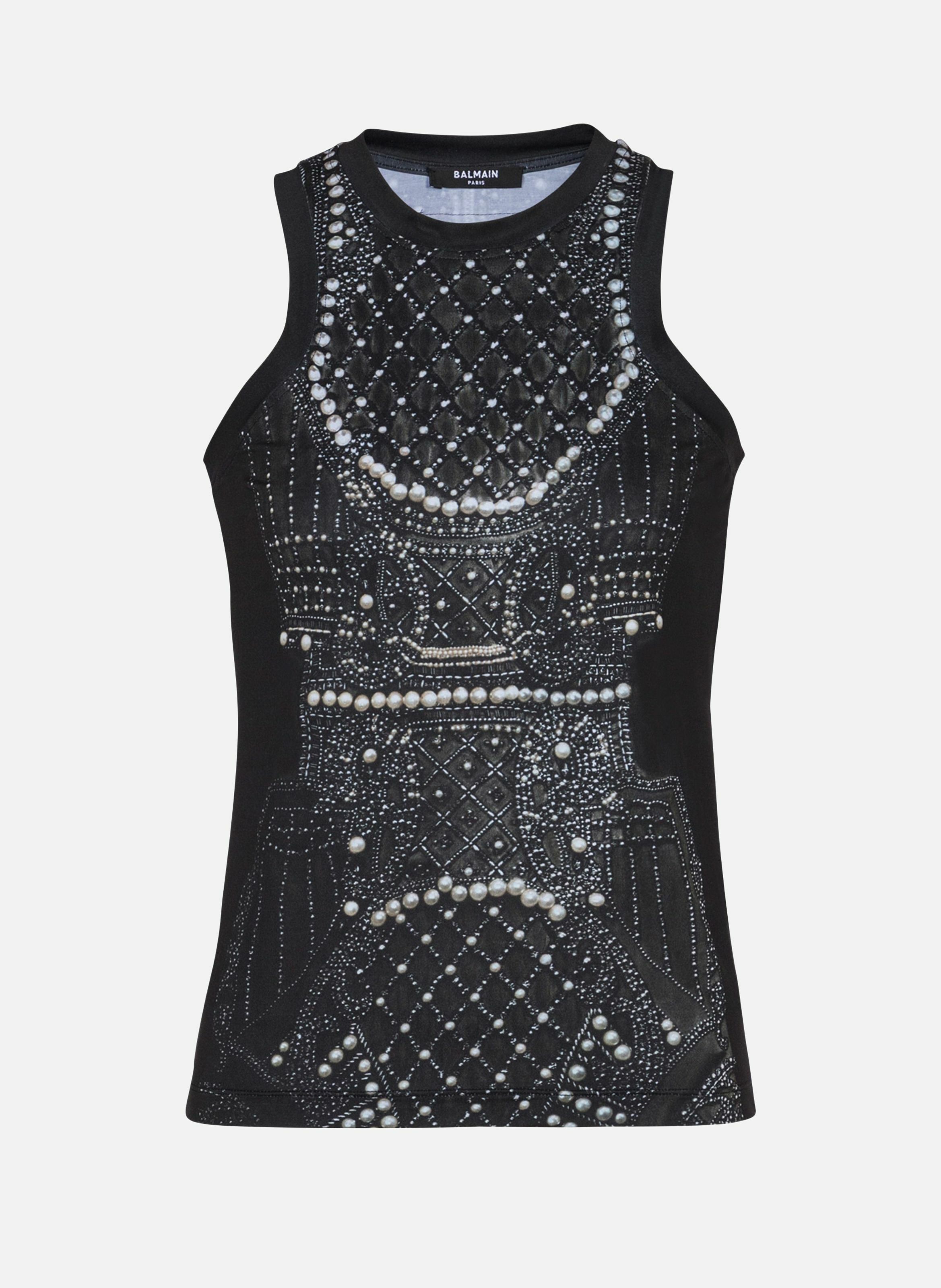 Débardeur fluide imprimé trompe-l'œil broderie BALMAIN Noir