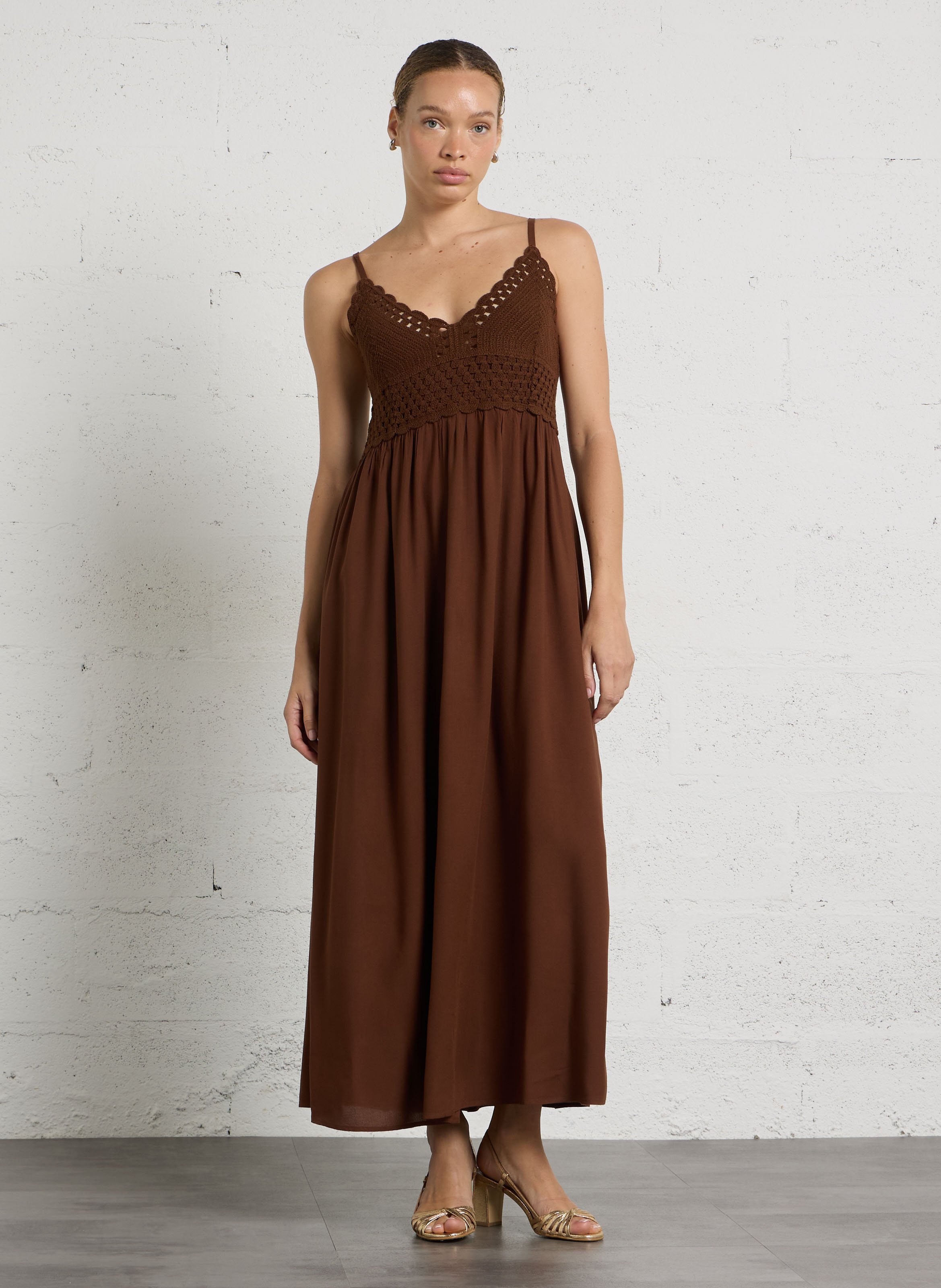 Robe midi col v en coton maeline MAISON 123 Beige