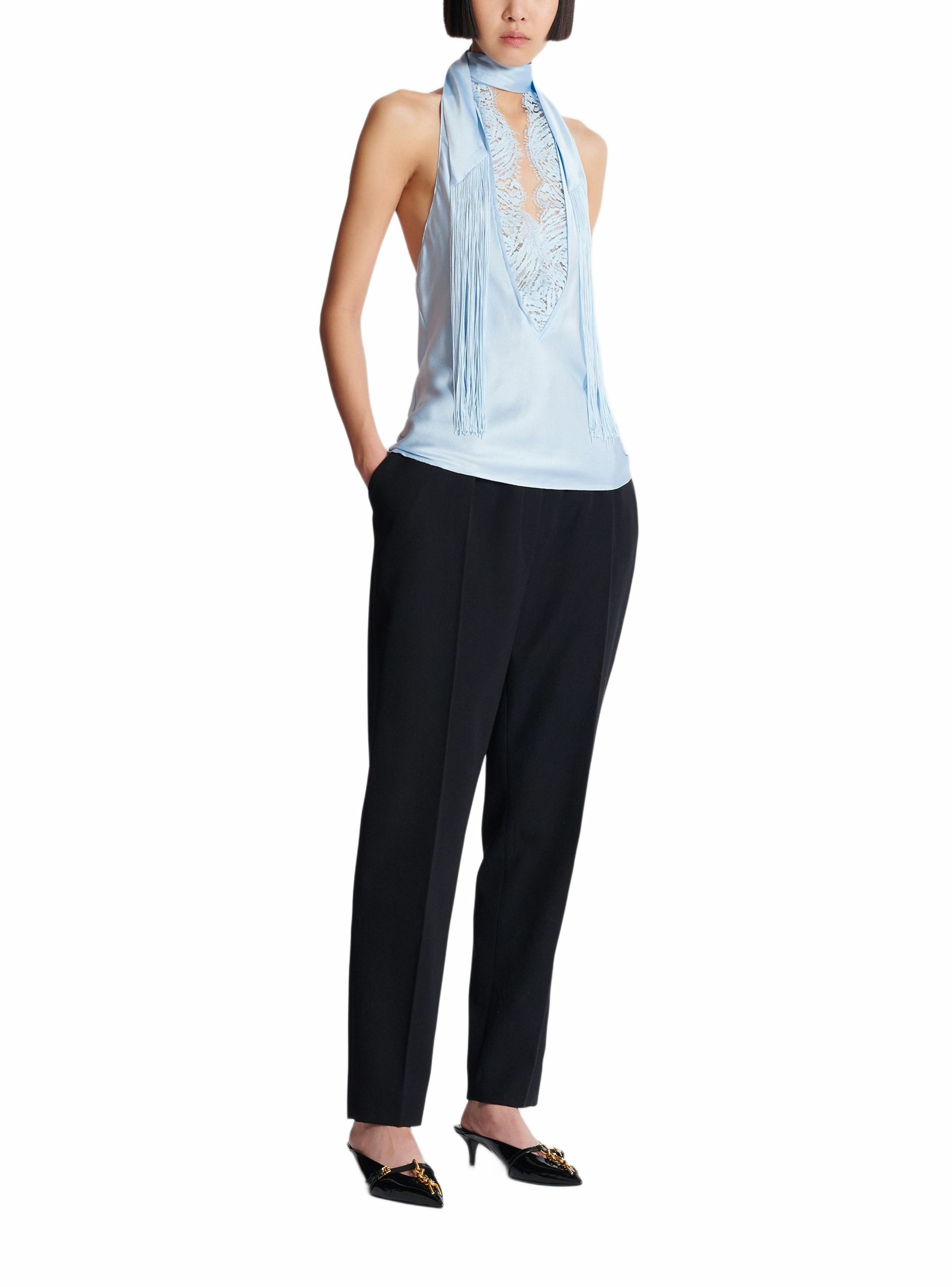 Top dos-nu en satin à franges BALMAIN Bleu