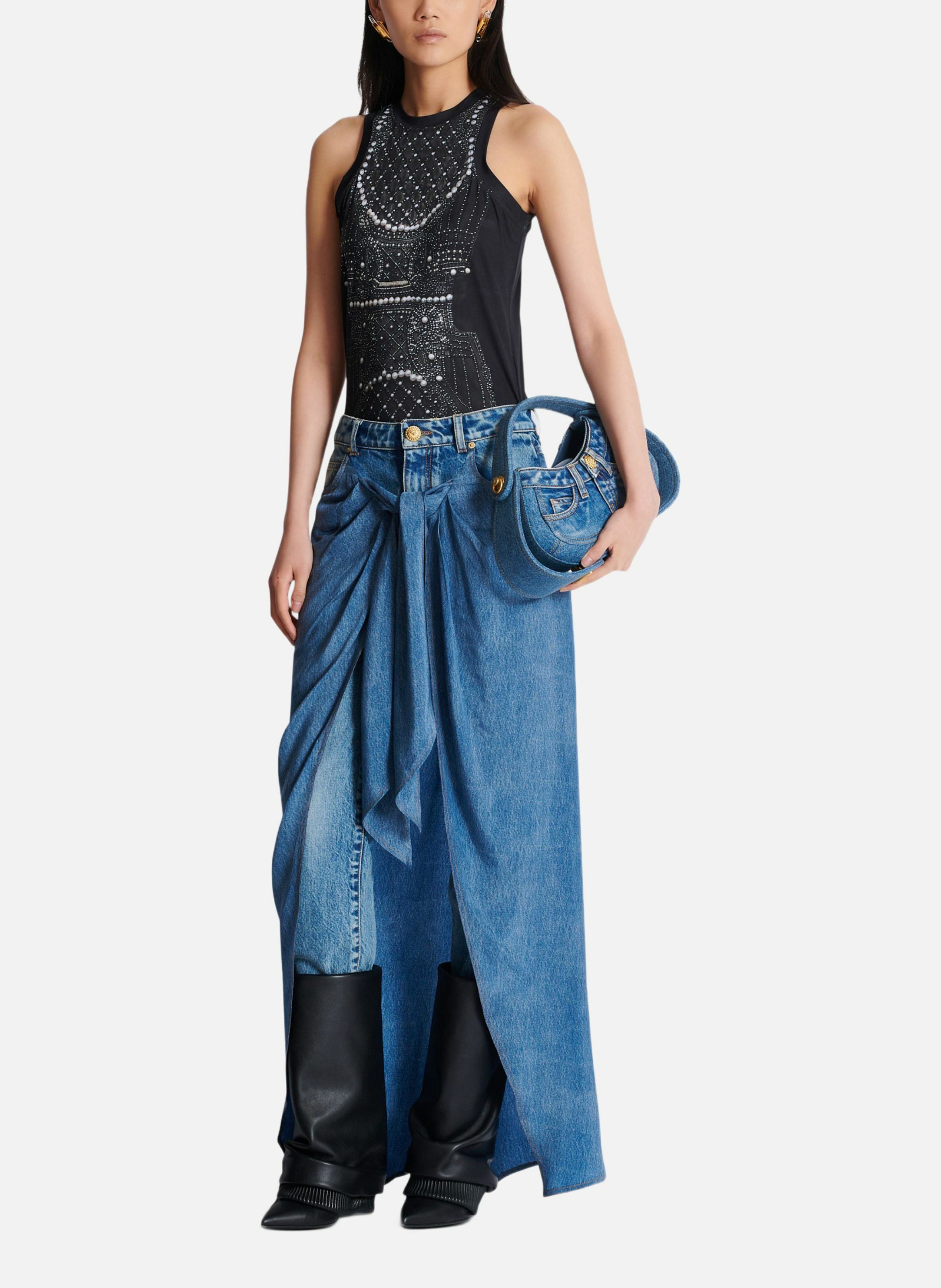 Débardeur fluide imprimé trompe-l'œil broderie BALMAIN Noir