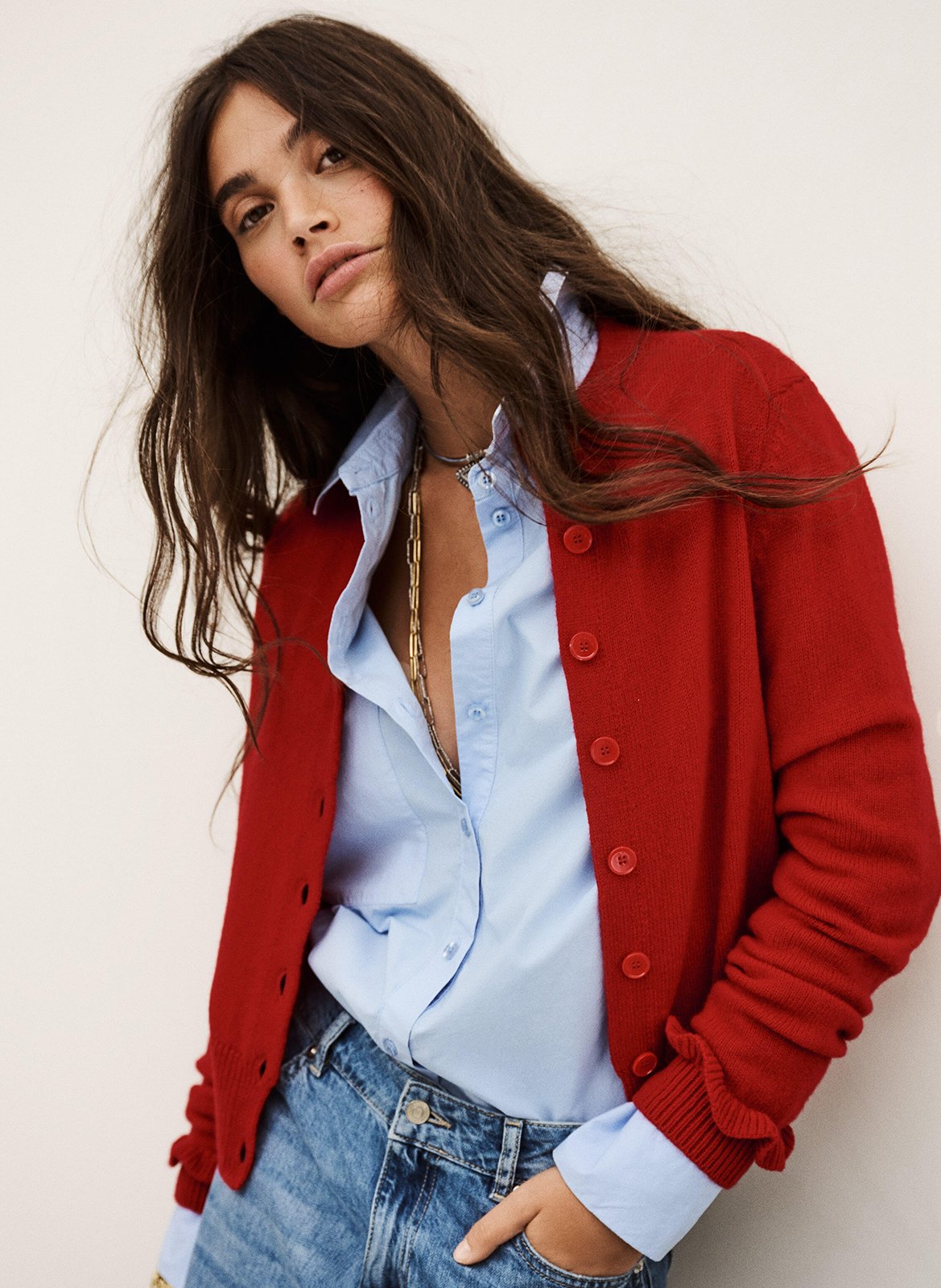 BA&SH Blouse col v imprimée en laine karante Rouge
