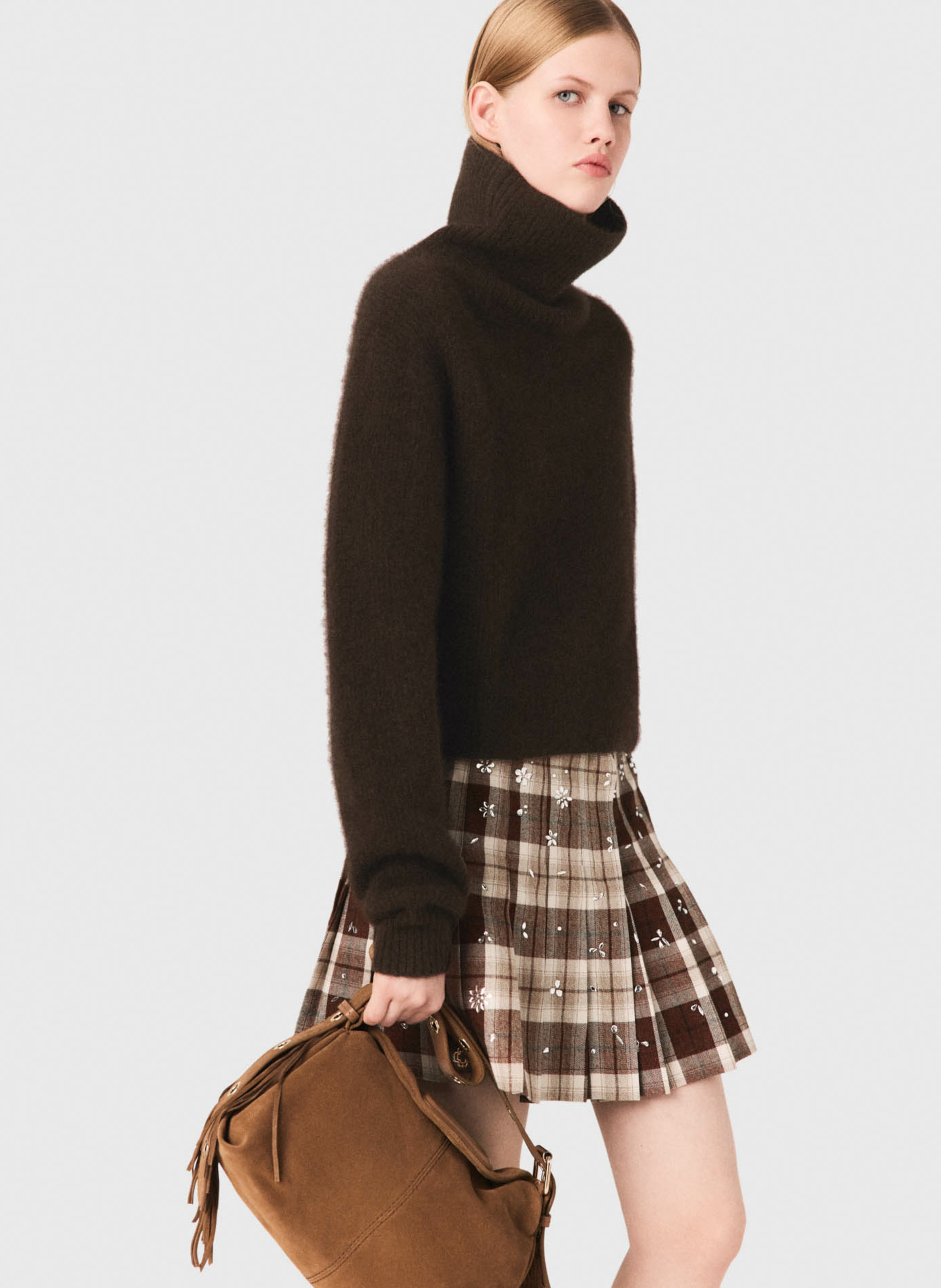 Pull col roulé en laine mélangé Marron