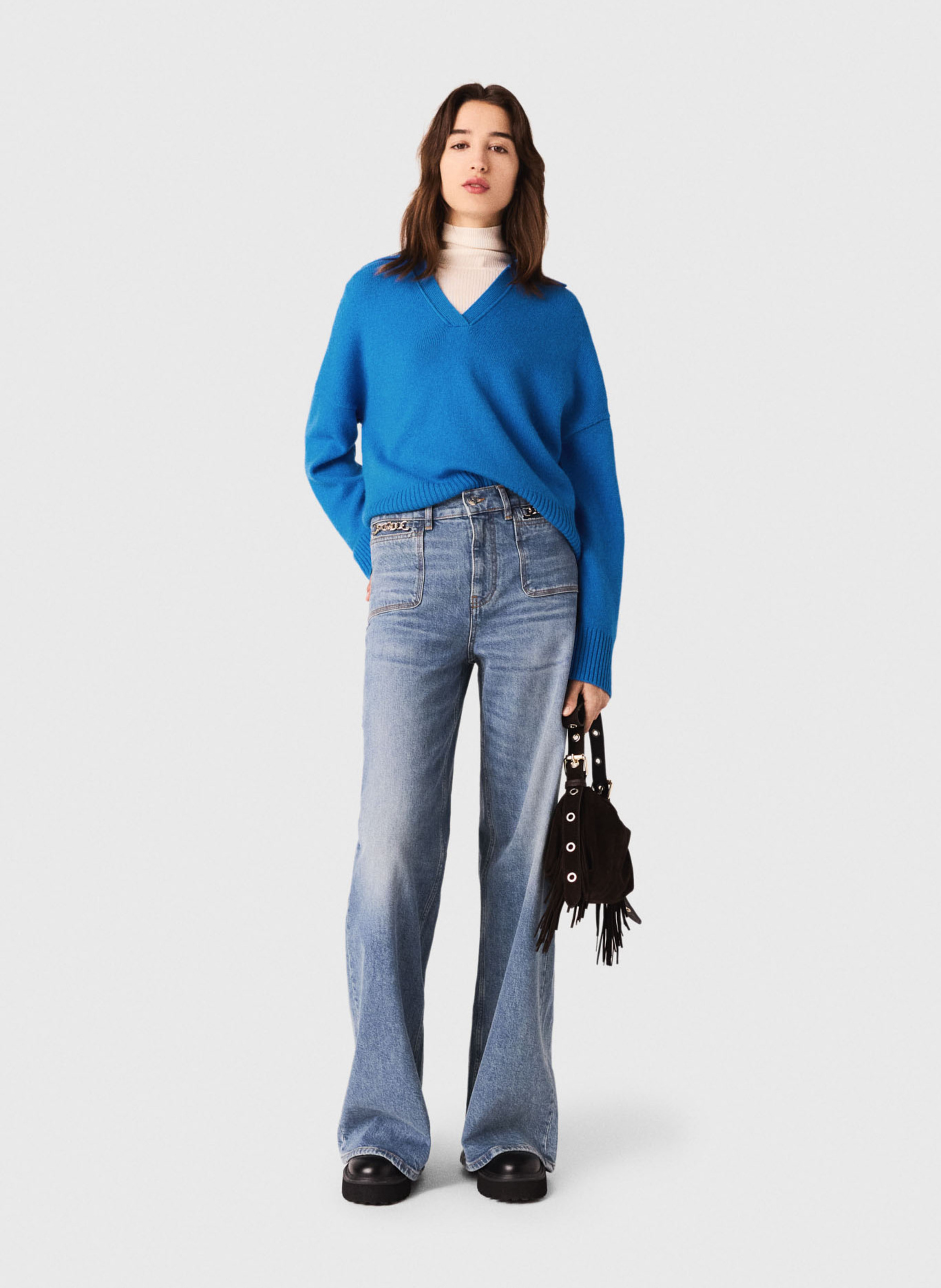 Pull col v en laine mélangée Bleu