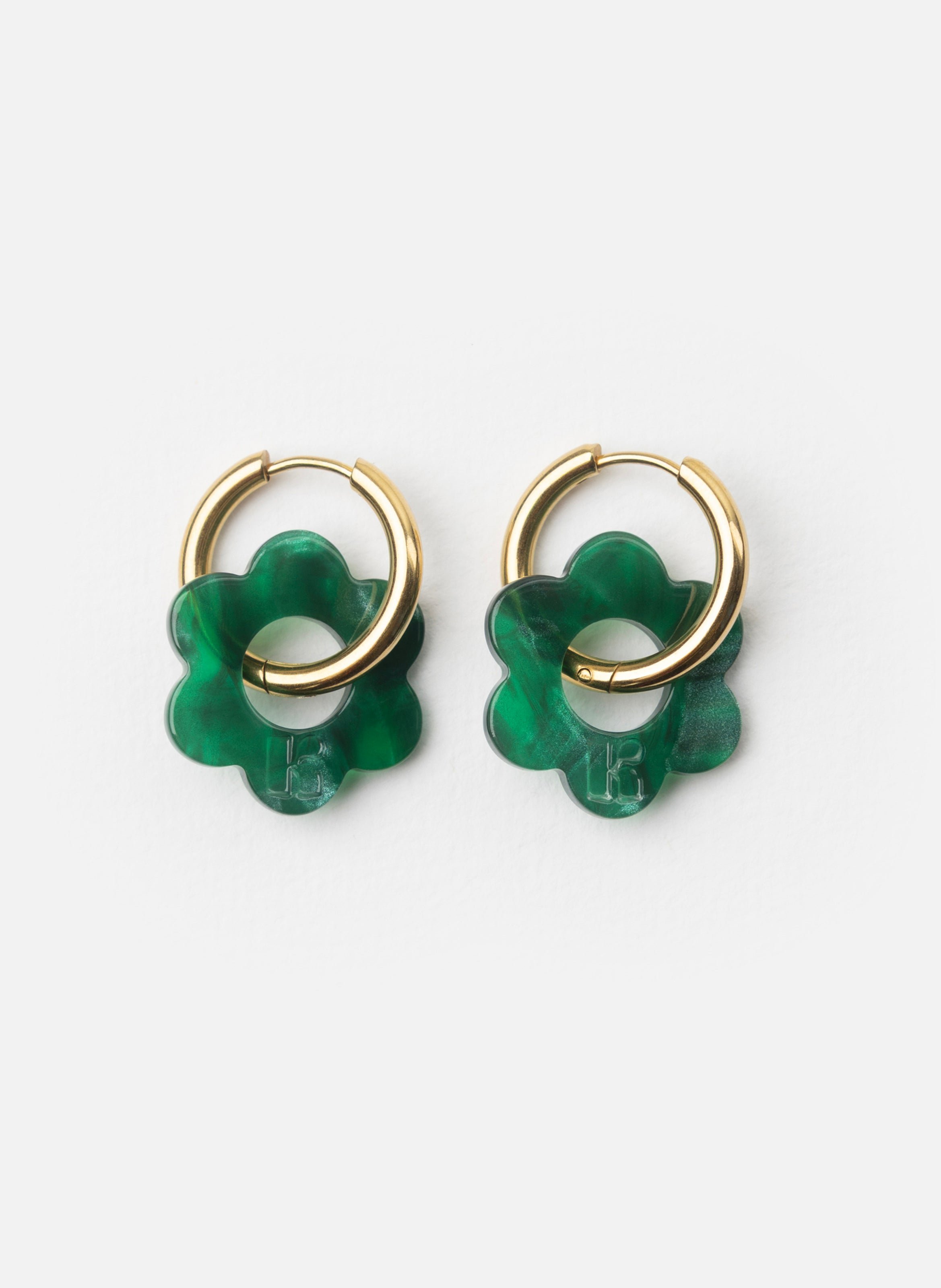Boucles d'oreilles baby fleurette avec anneaux en acier inoxydable doré KURAGE GINZA Vert