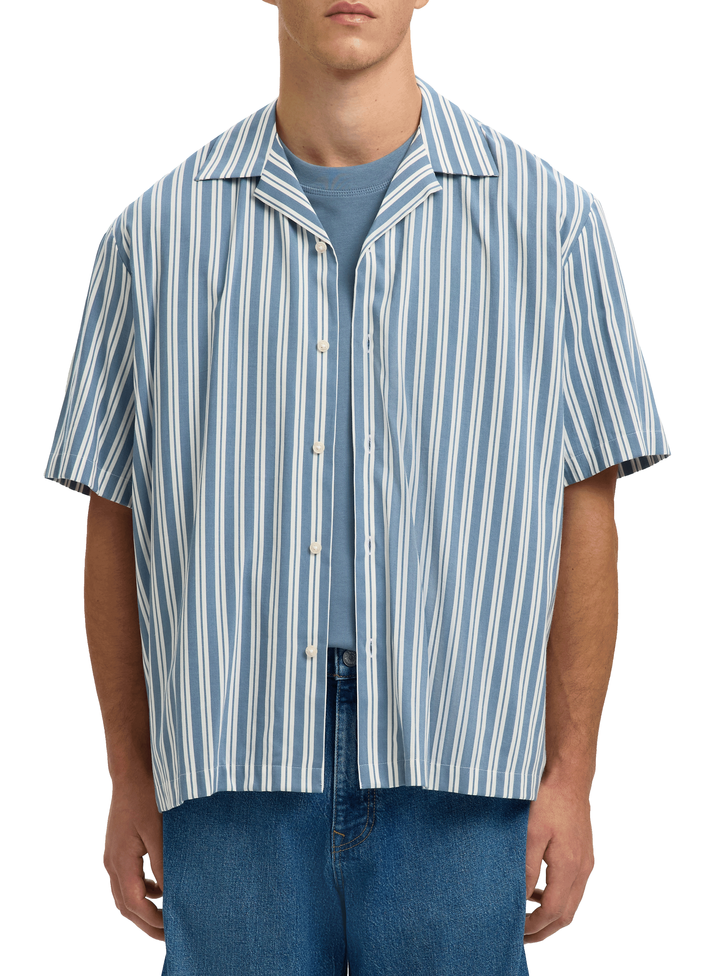Short-sleeved striped shirt in blended cotton SELECTED Blue