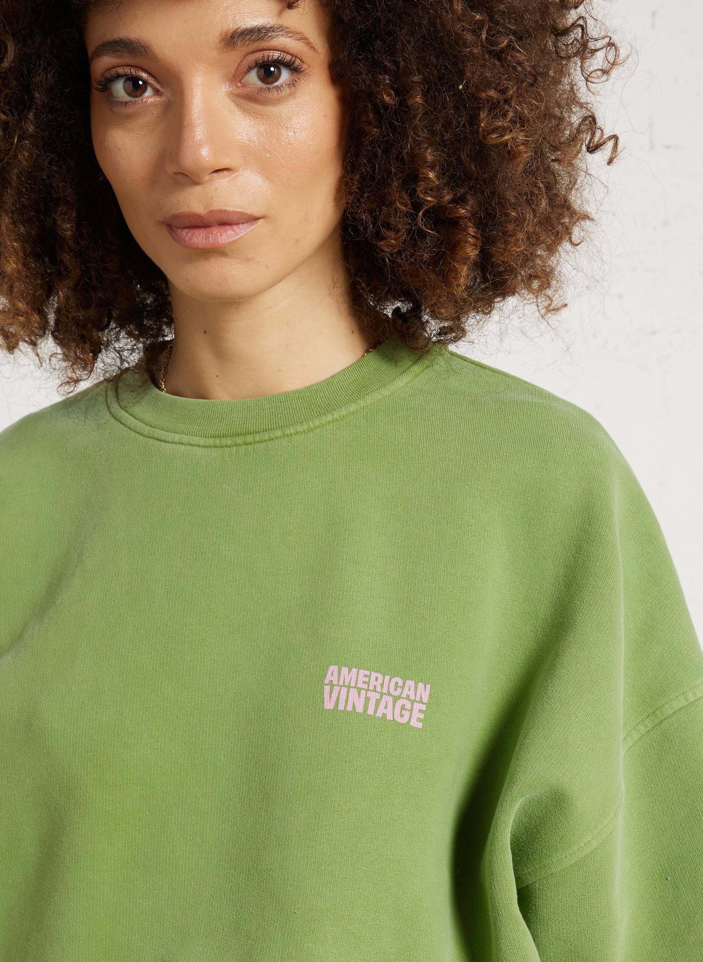Sweat ample col rond sérigraphié en coton plizzy AMERICAN VINTAGE Vert