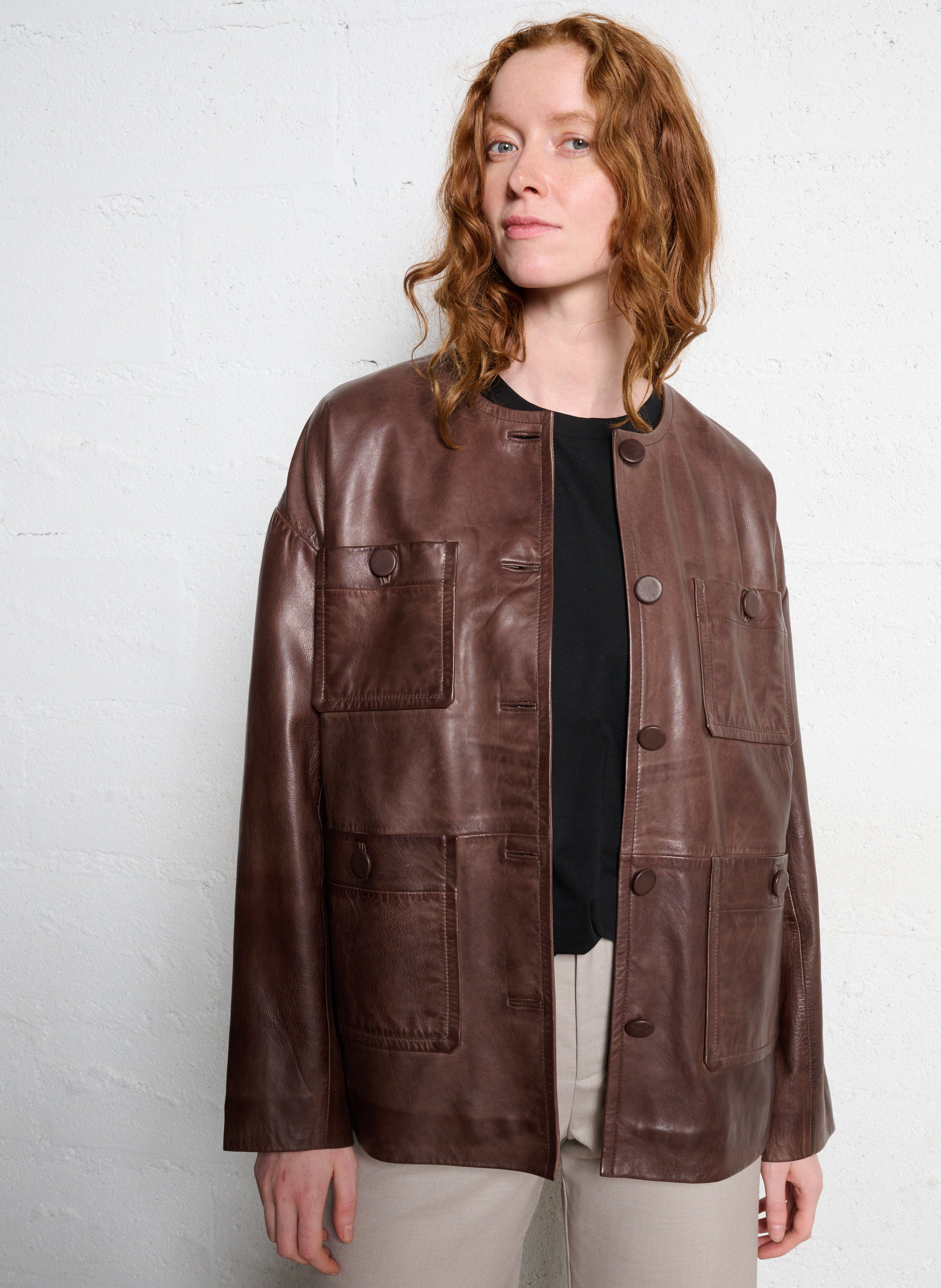 Veste oversize col rond en cuir IKKS Marron