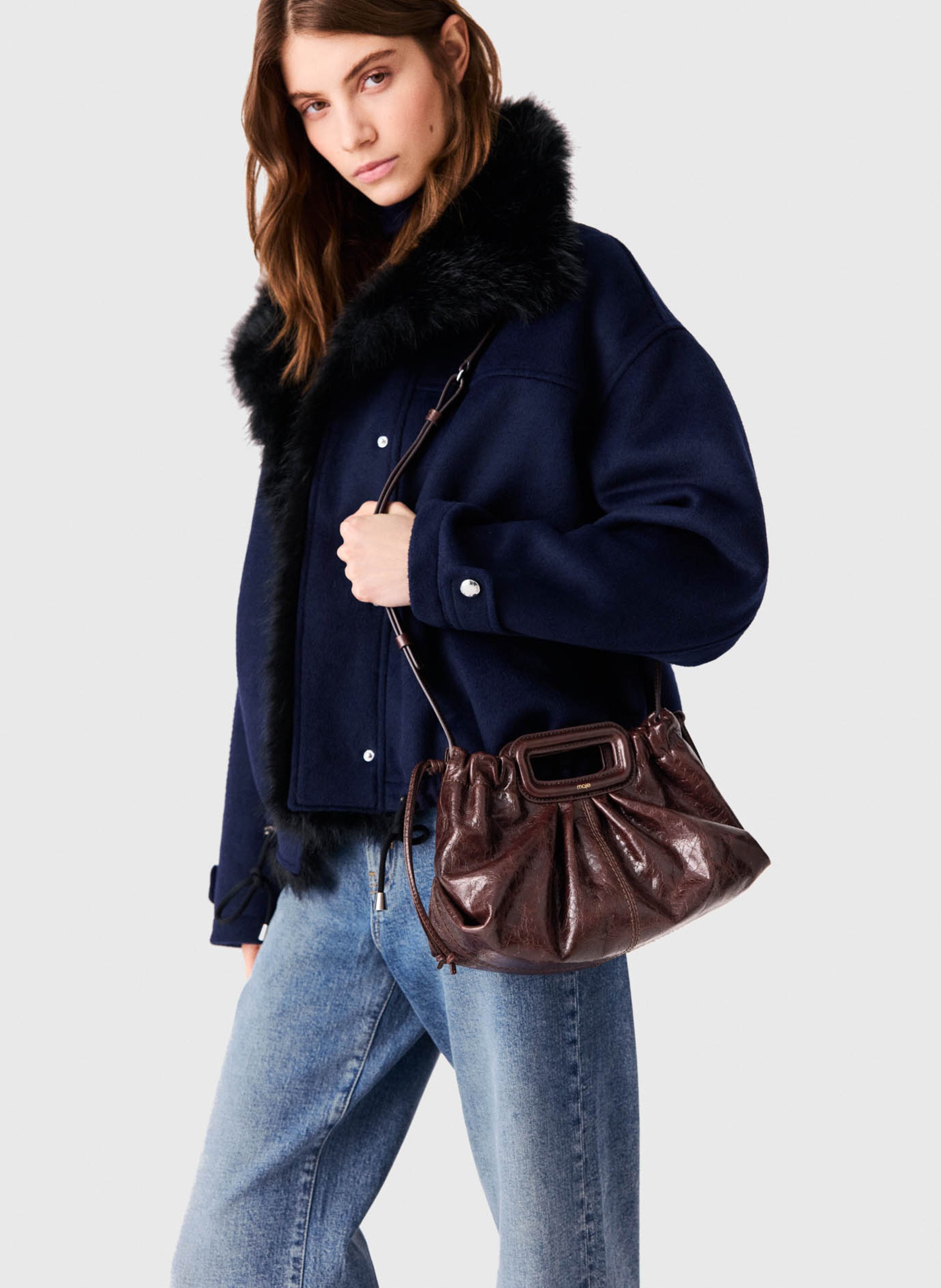 Manteau droit à col en fourrure synthétique MAJE Bleu
