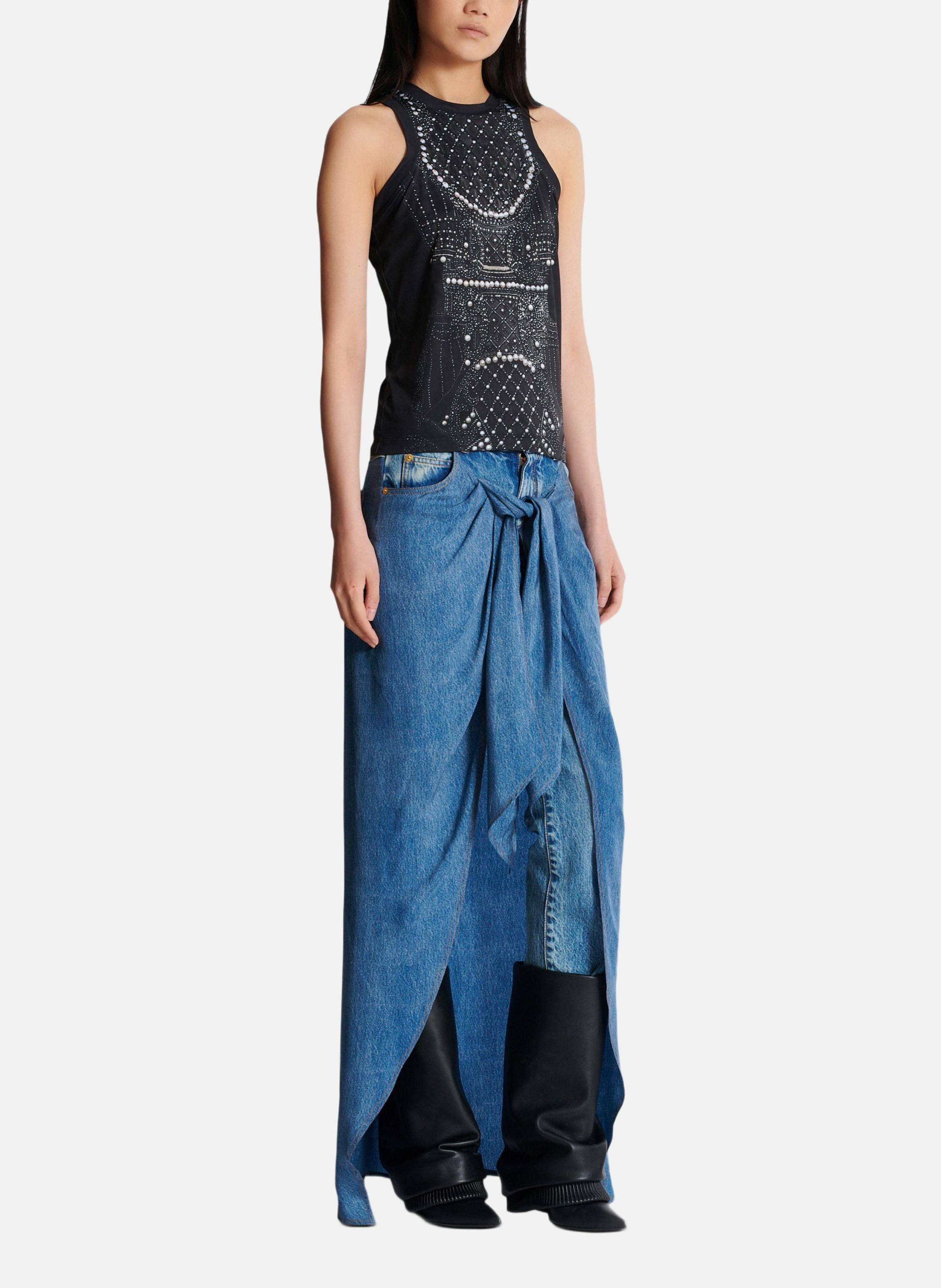 Débardeur fluide imprimé trompe-l'œil broderie BALMAIN Noir