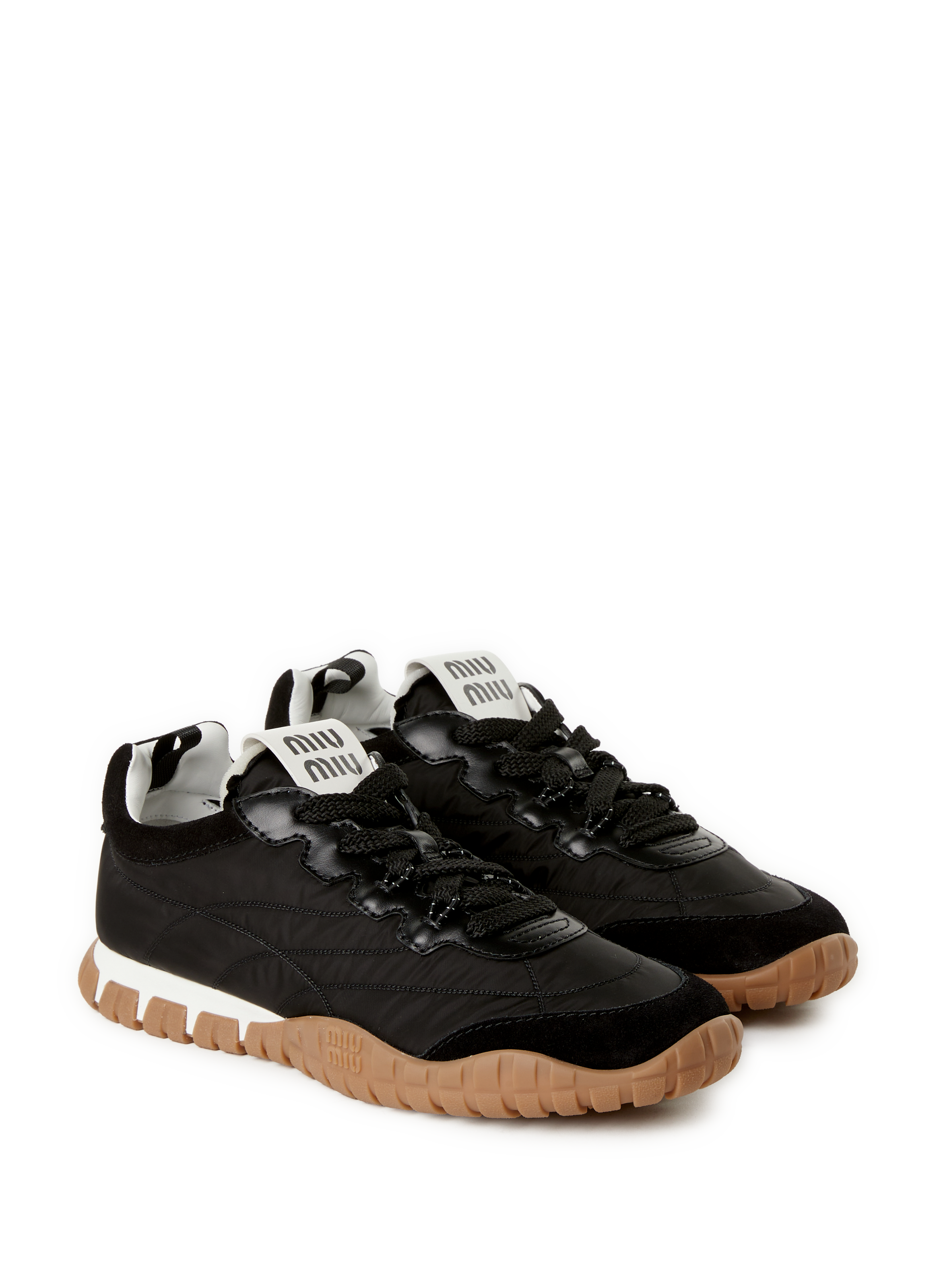 Baskets Tyre en tissu technique et cuir MIU MIU Noir