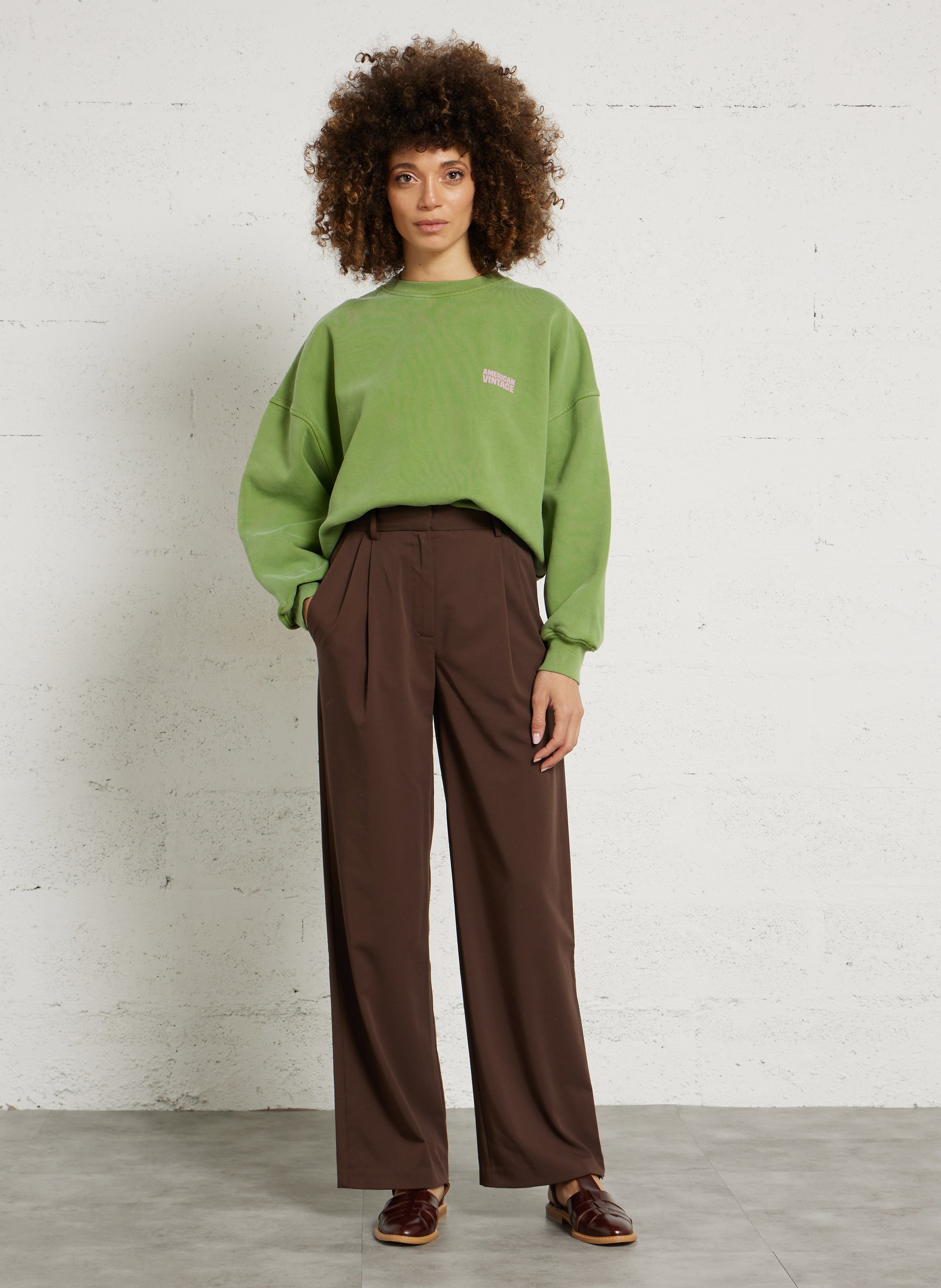 Sweat ample col rond sérigraphié en coton plizzy AMERICAN VINTAGE Vert