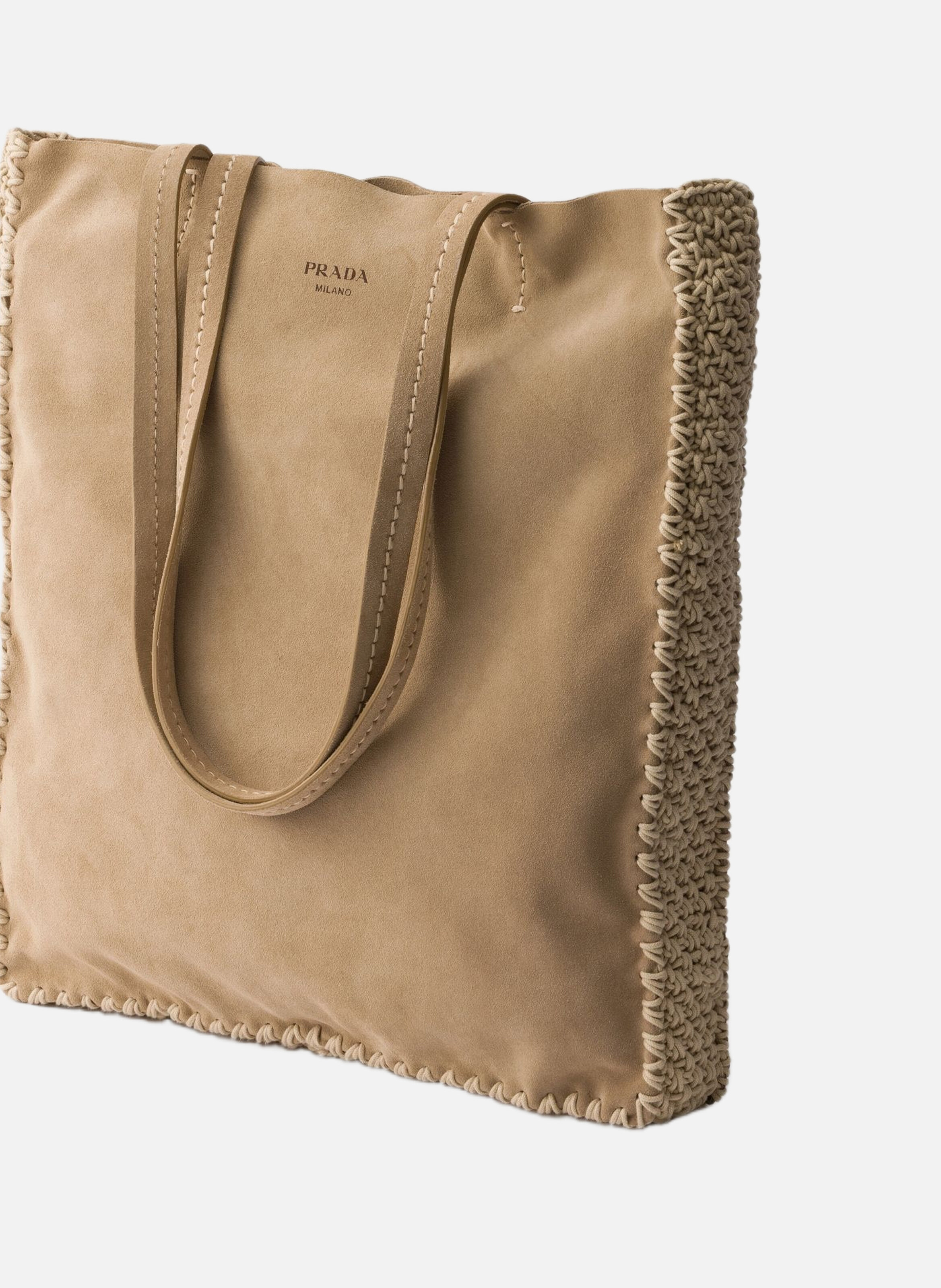 Grand cabas en daim et crochet PRADA Beige