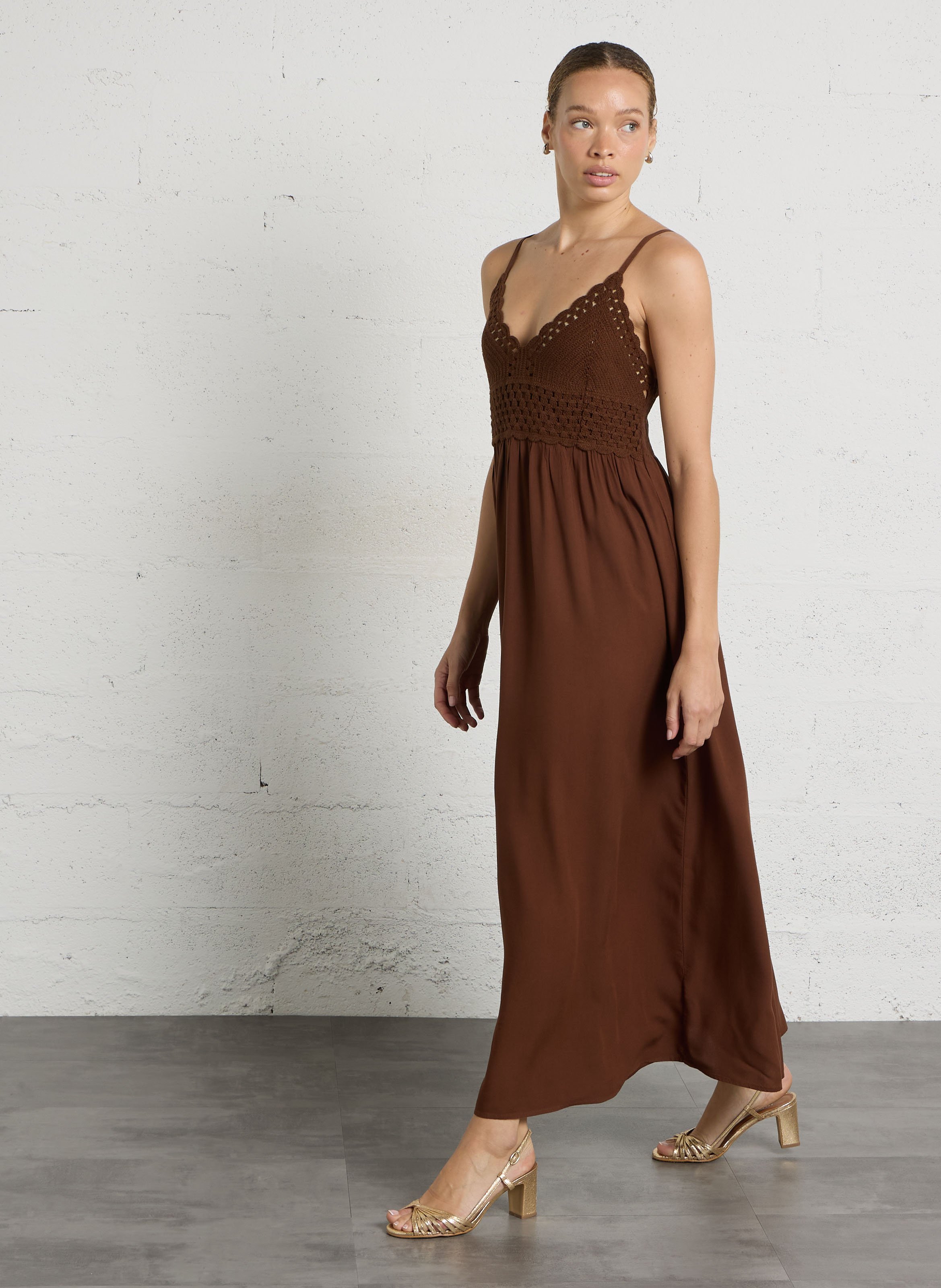 Robe midi col v en coton maeline MAISON 123 Beige