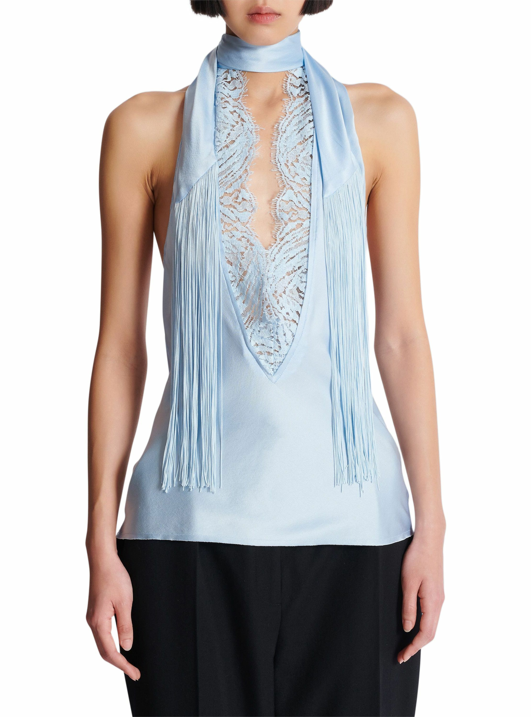 Top dos-nu en satin à franges BALMAIN Bleu