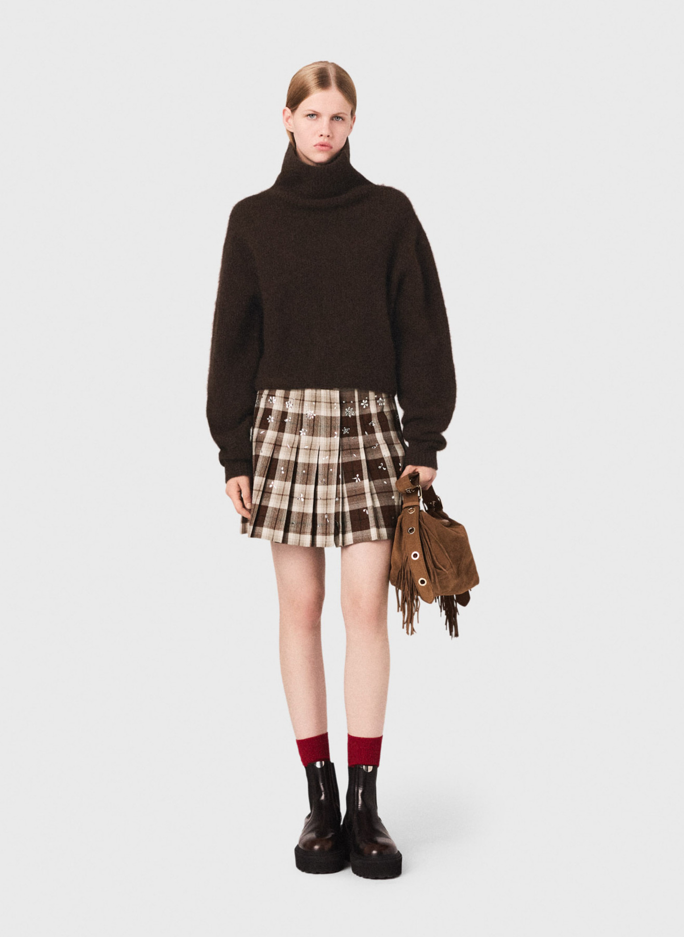 Pull col roulé en laine mélangé Marron