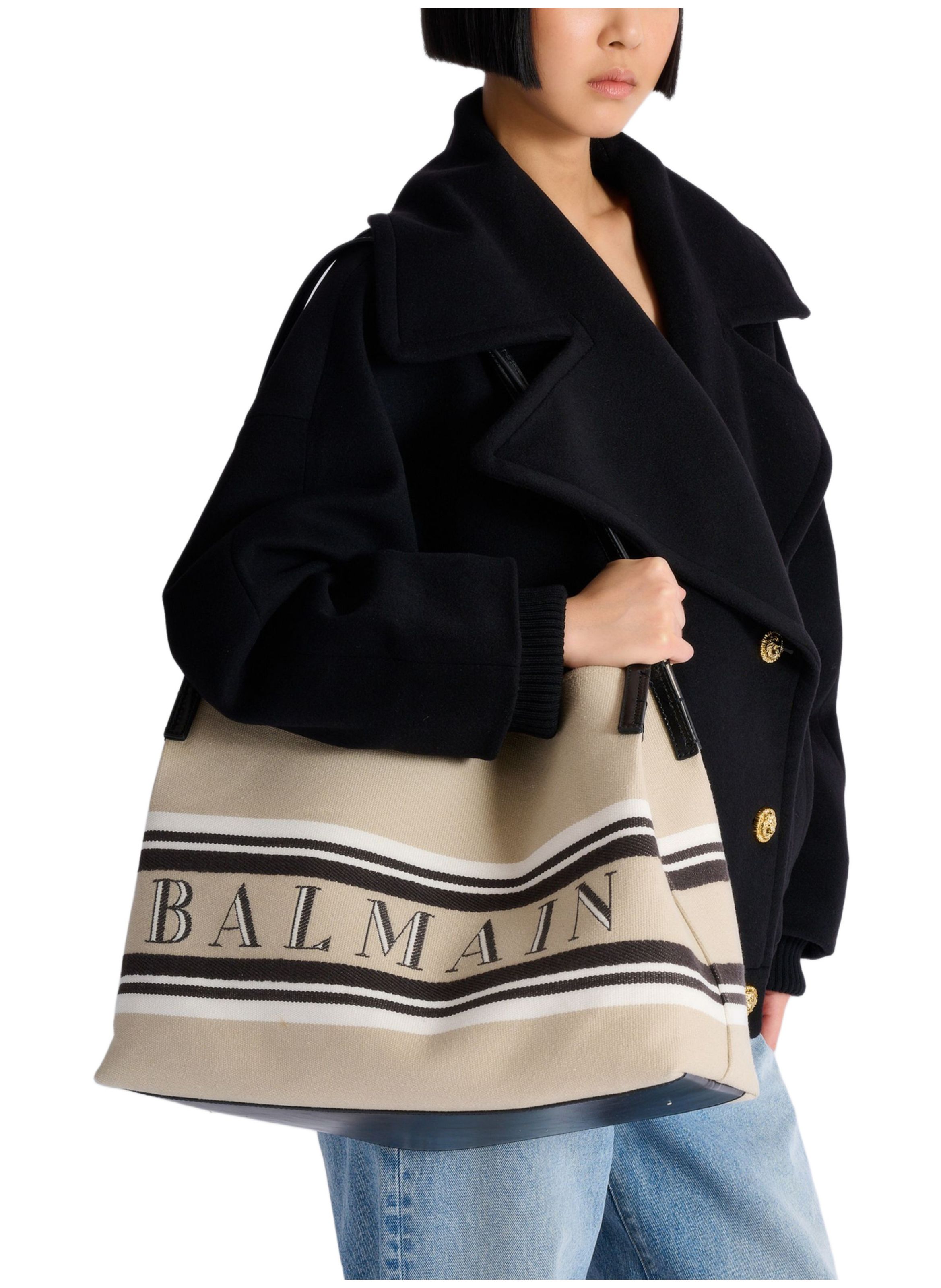 Sac shopper release medium en toile et cuir de veau BALMAIN Beige