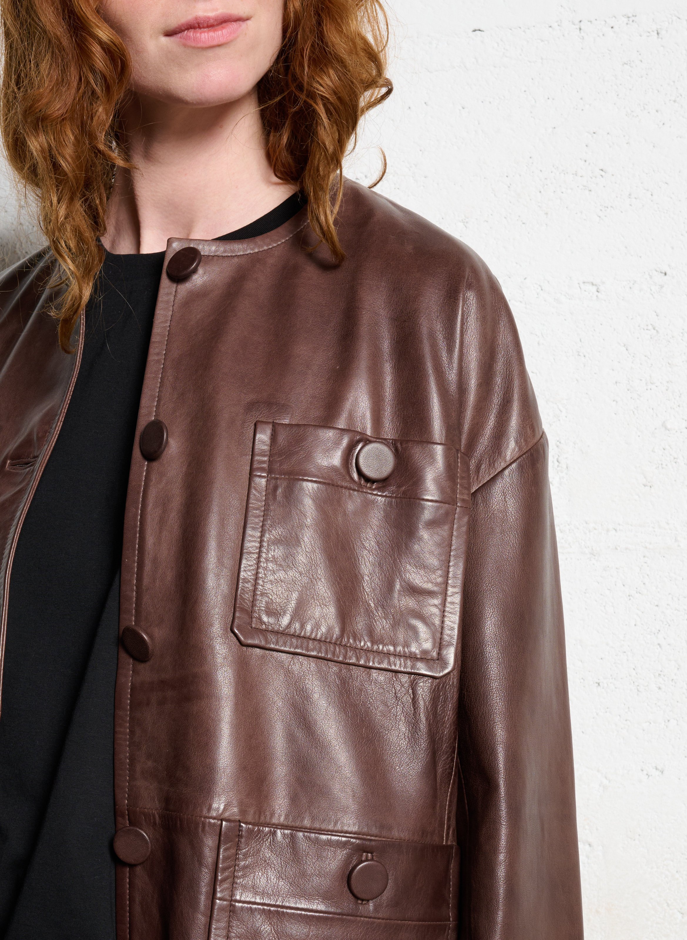 Veste oversize col rond en cuir IKKS Marron