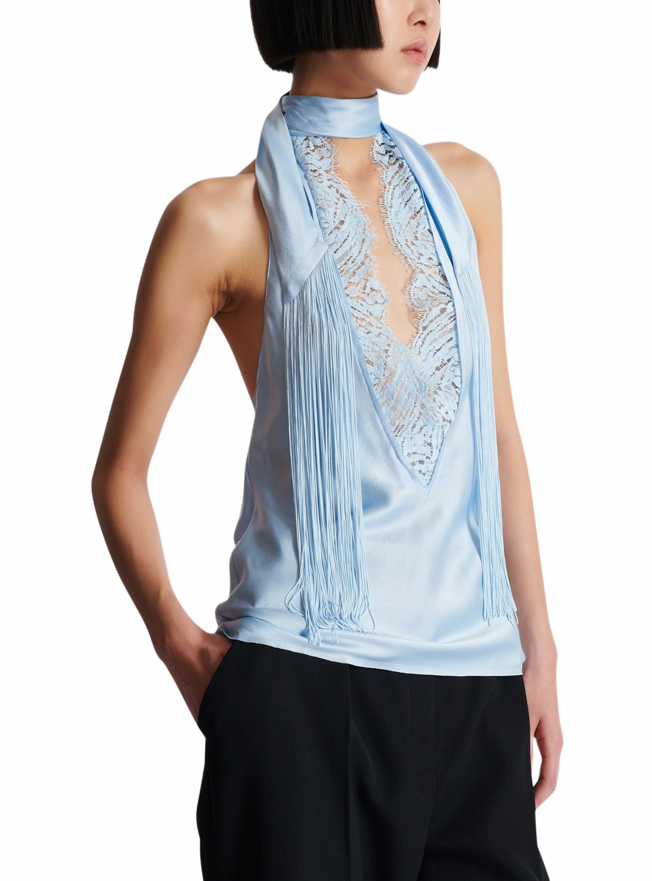 Top dos-nu en satin à franges BALMAIN Bleu