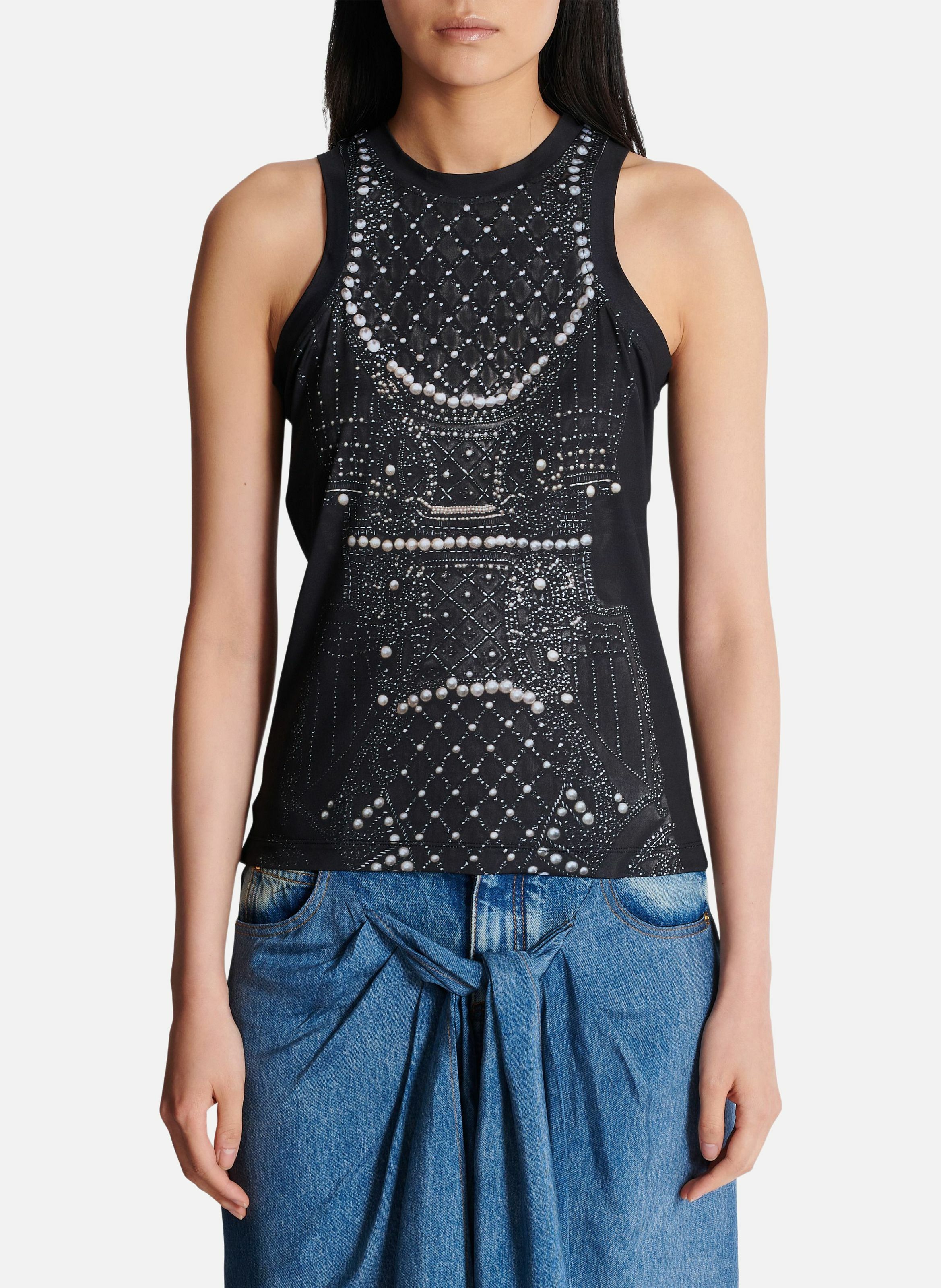 Débardeur fluide imprimé trompe-l'œil broderie BALMAIN Noir