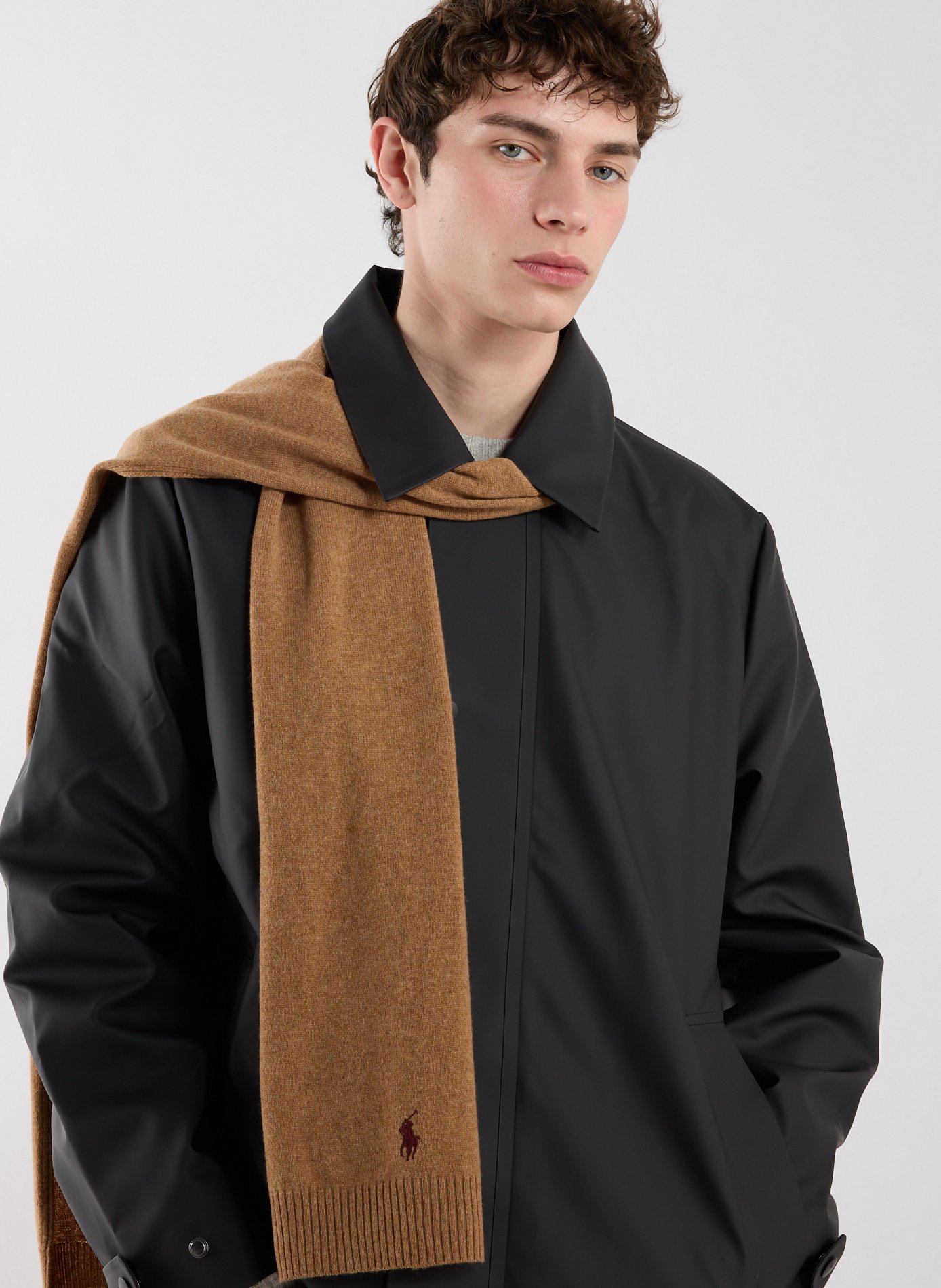 Straight embroidered merino wool scarf POLO RALPH LAUREN Brown