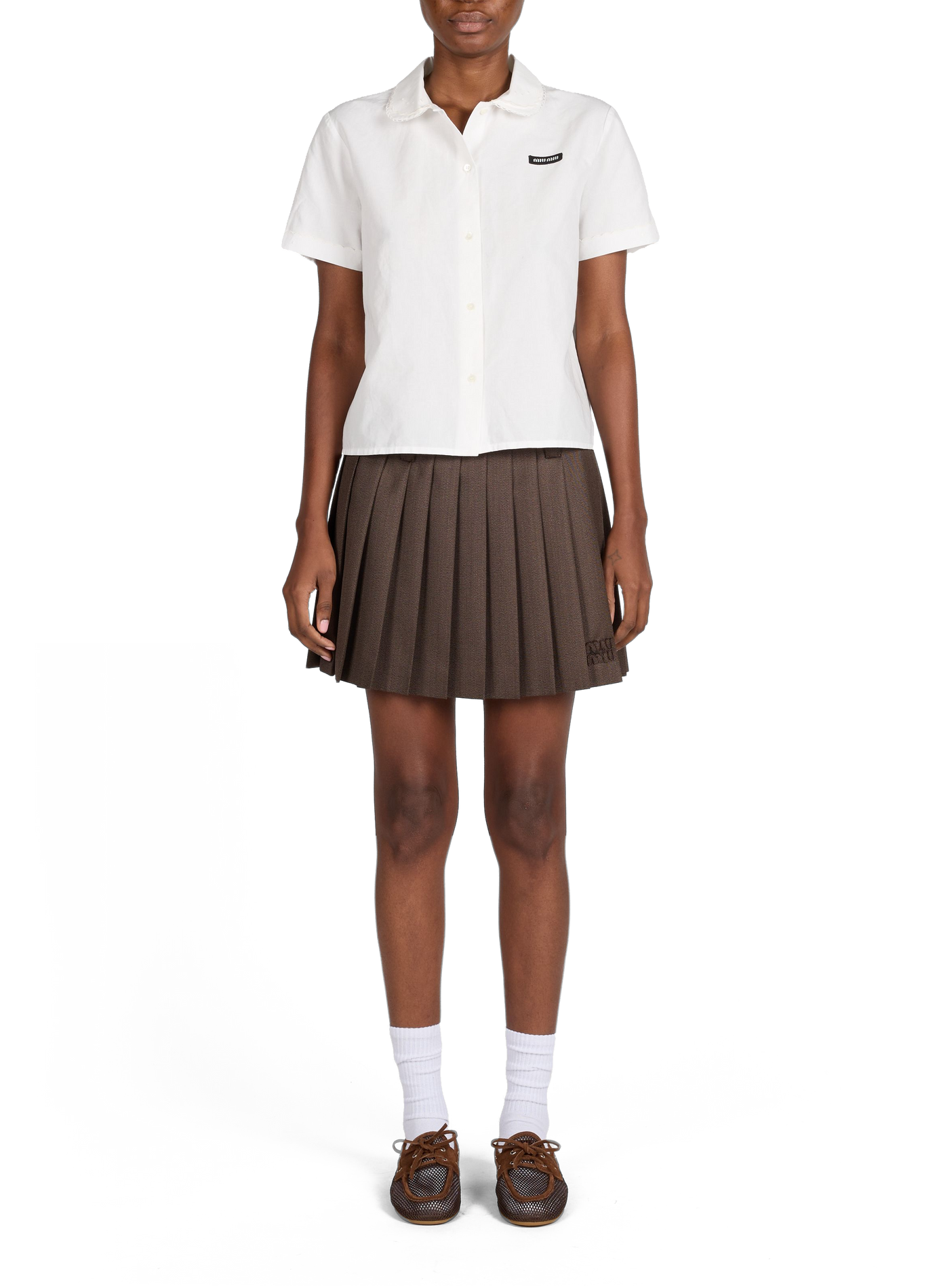 Jupe courte plissée en laine vierge MIU MIU Marron