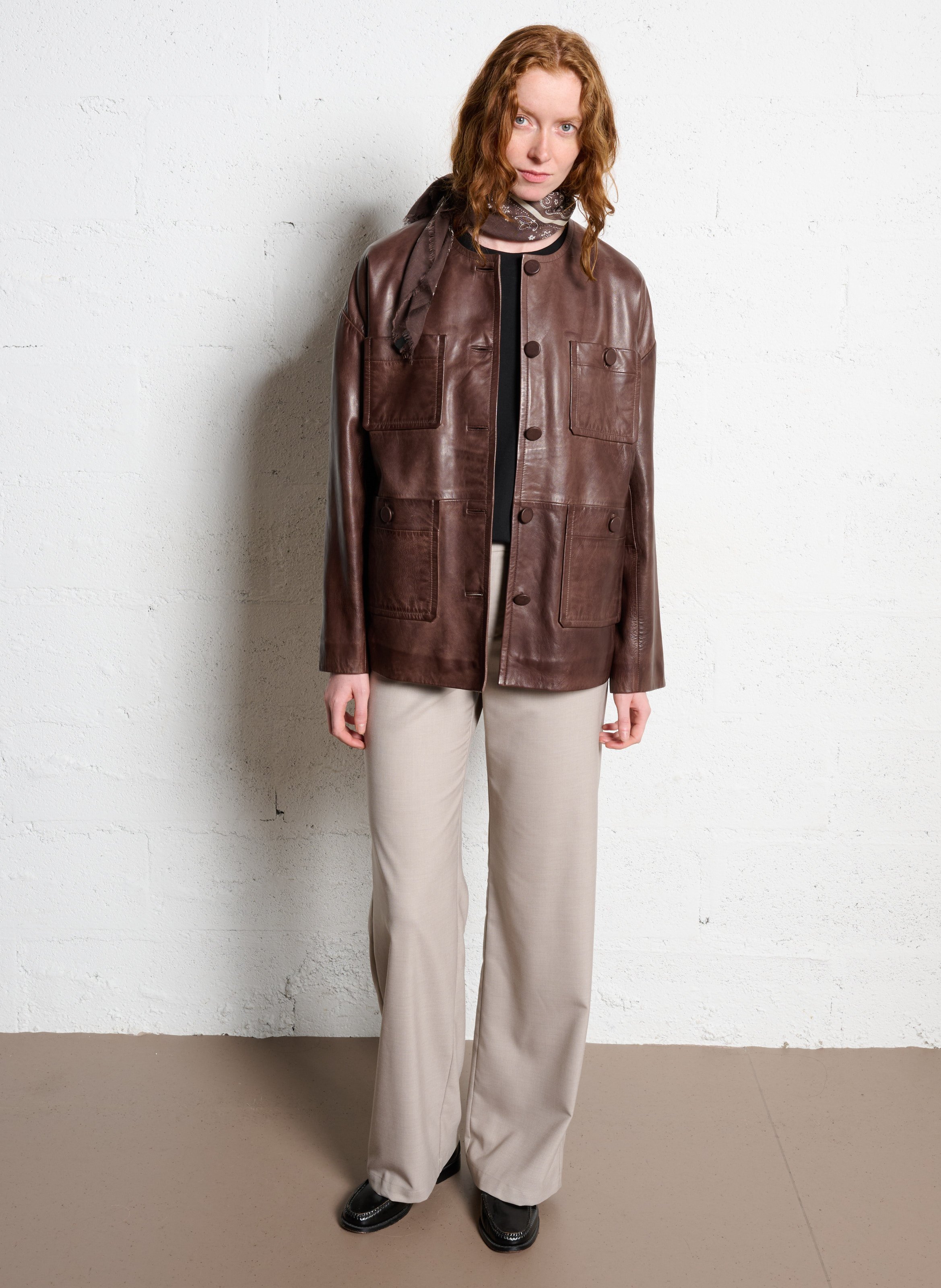 Veste oversize col rond en cuir IKKS Marron