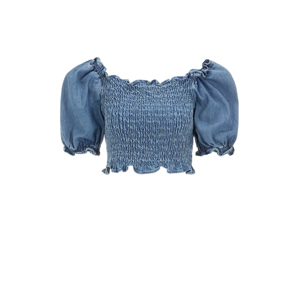 Top smocké en coton denim