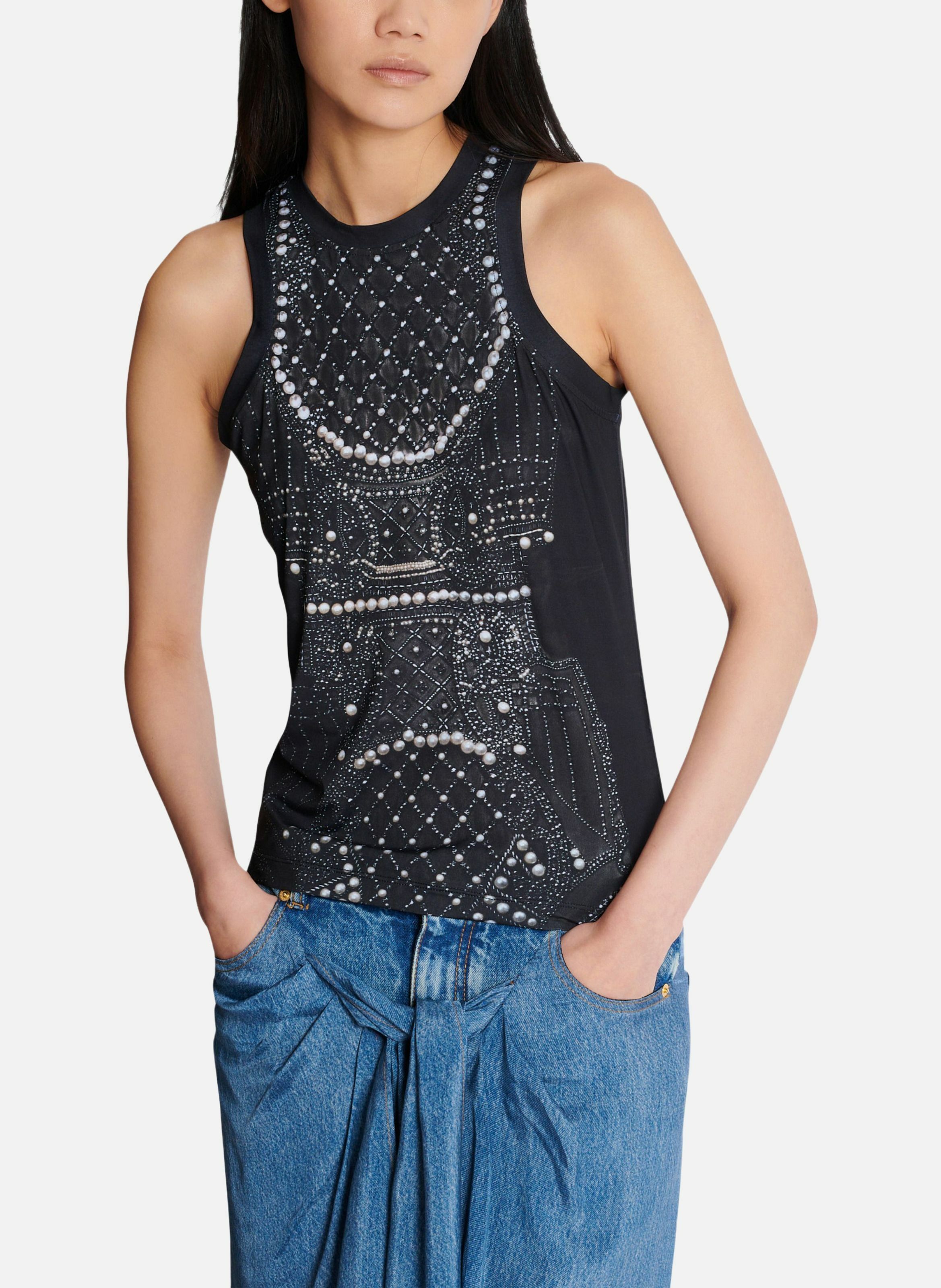 Débardeur fluide imprimé trompe-l'œil broderie BALMAIN Noir